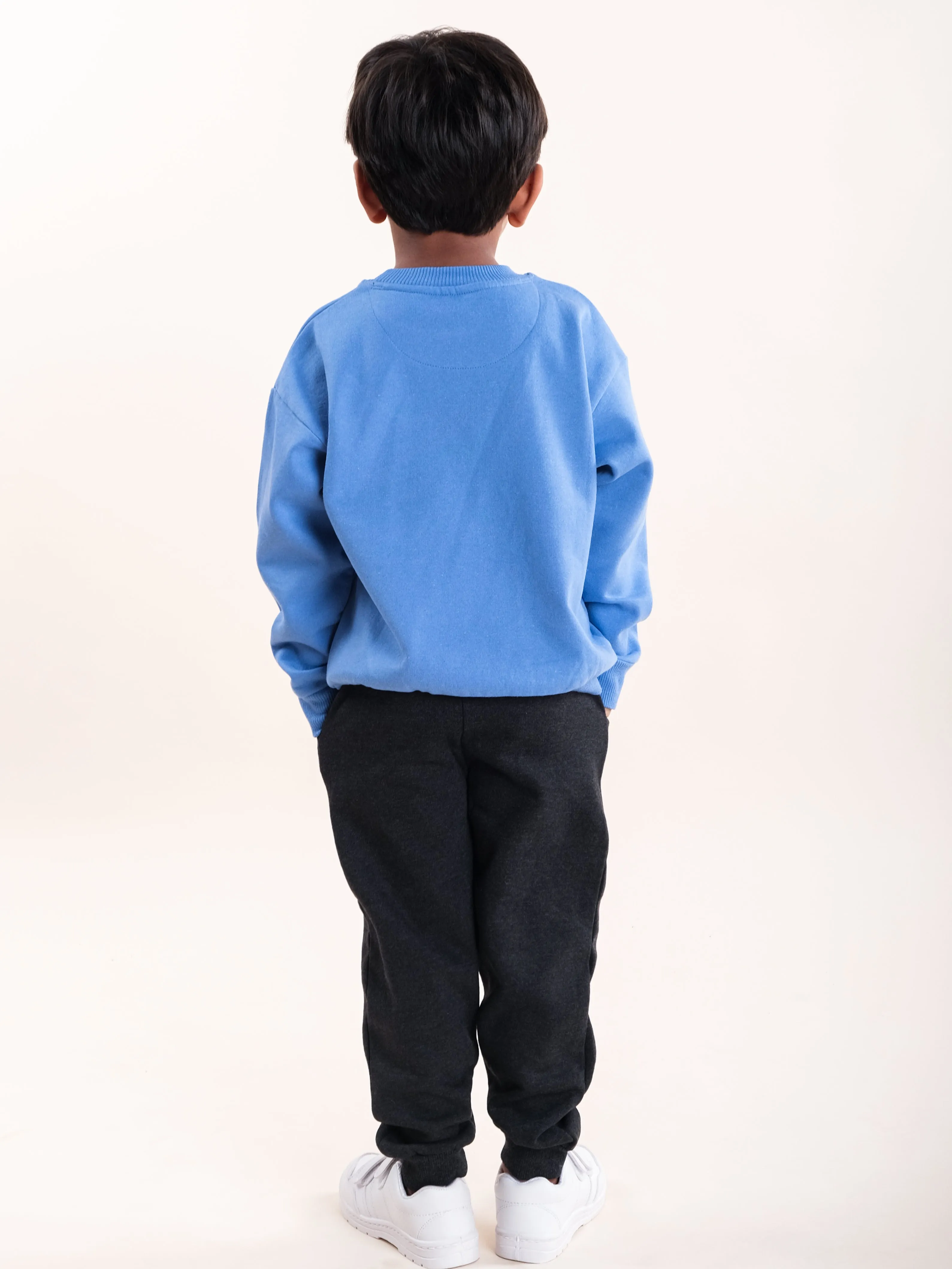 Boys Fleece Printed Round Neck Sweatshirt With Solid Track Pant Set