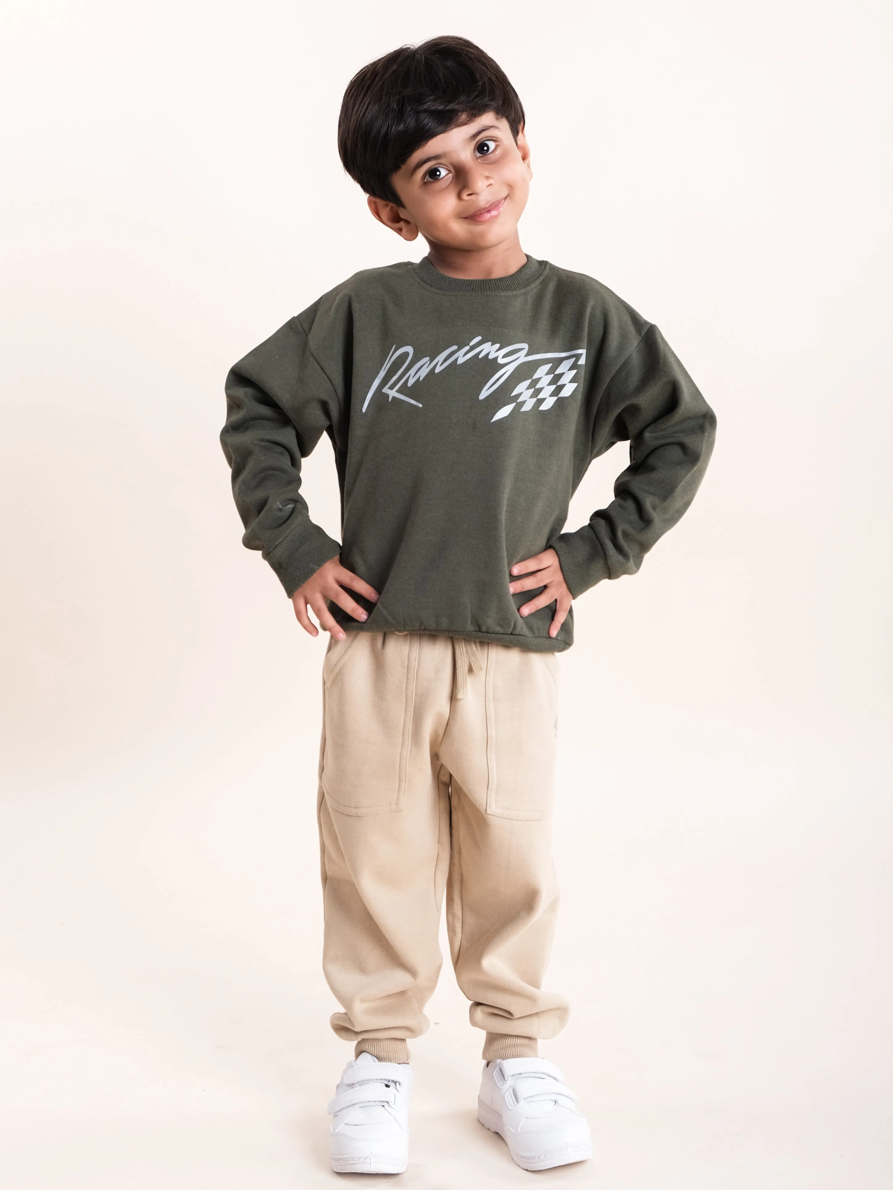 Boys Fleece Printed Round Neck Sweatshirt With Solid Track Pant Set