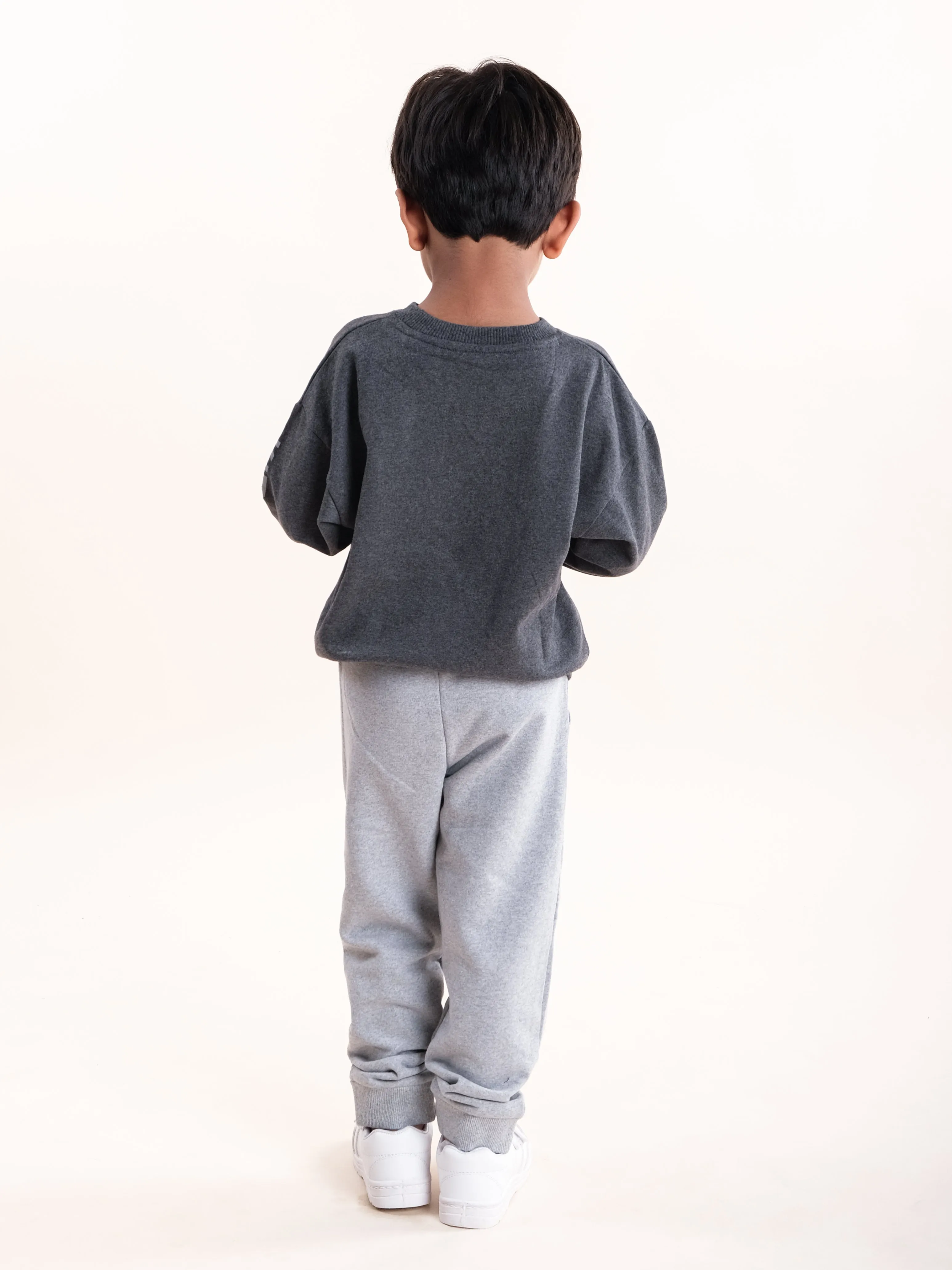 Boys Fleece Printed Round Neck Sweatshirt With Solid Track Pant Set