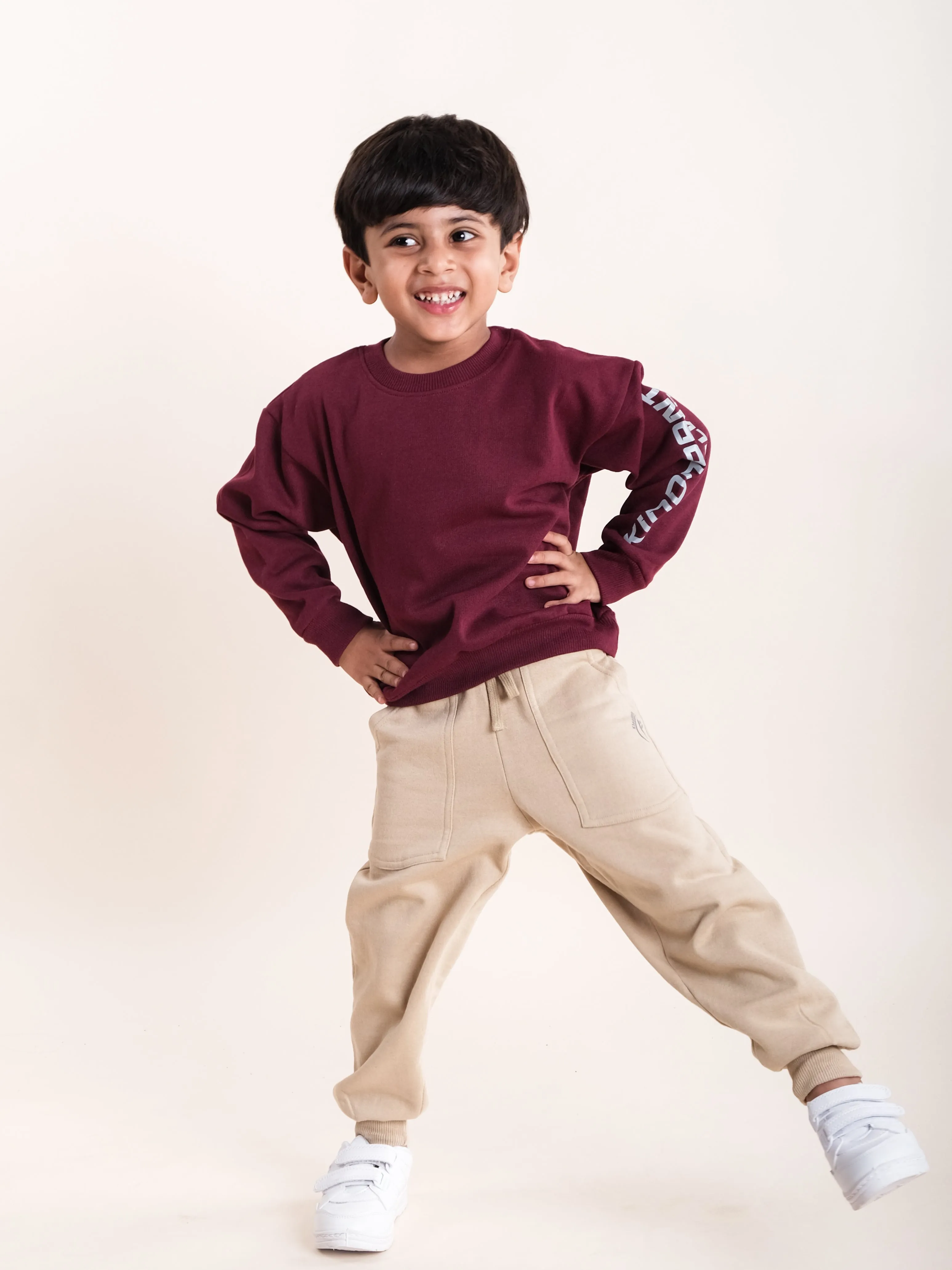 Boys Fleece Printed Round Neck Sweatshirt With Solid Track Pant Set