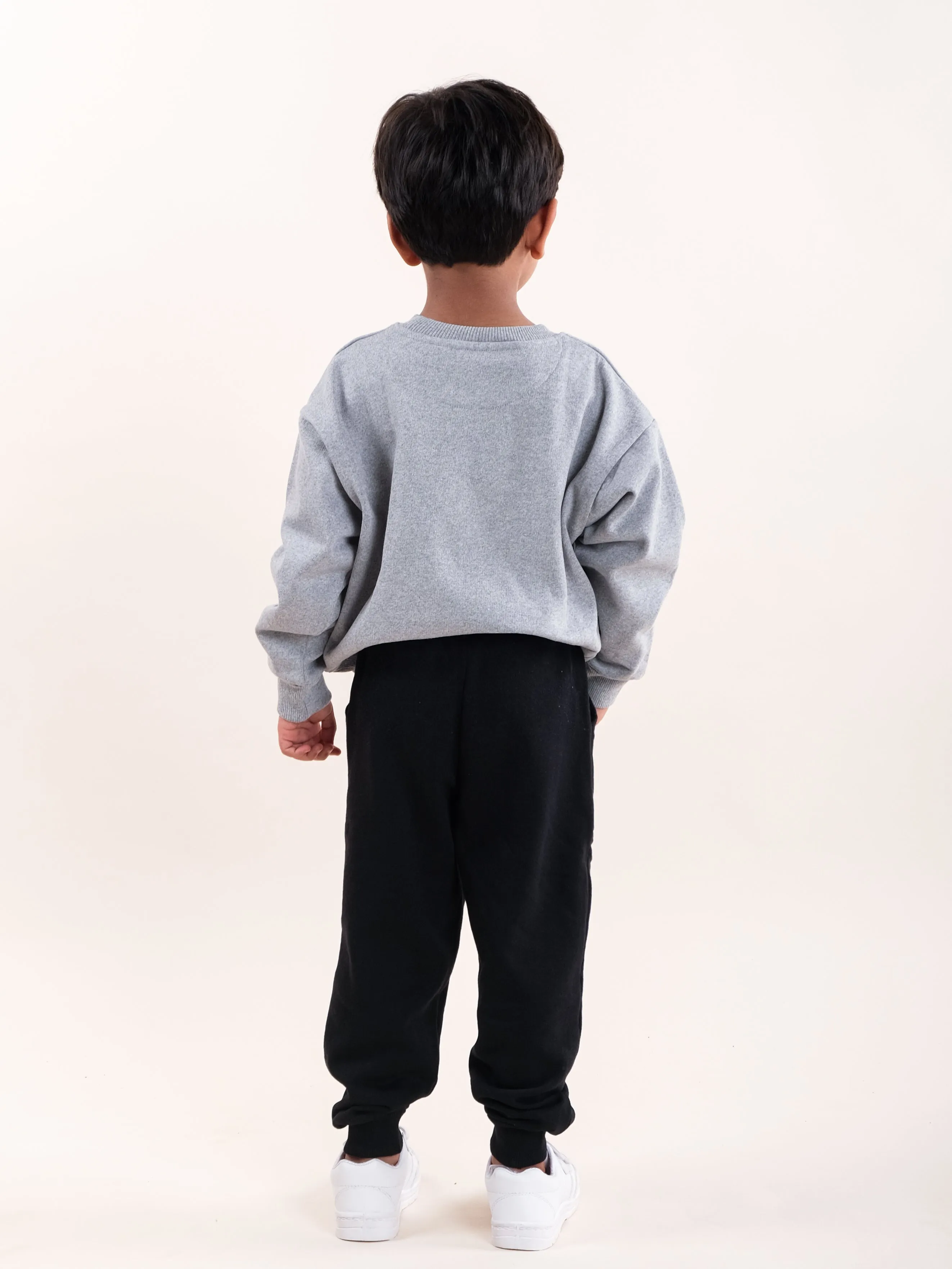 Boys Fleece Printed Round Neck Sweatshirt With Solid Track Pant Set