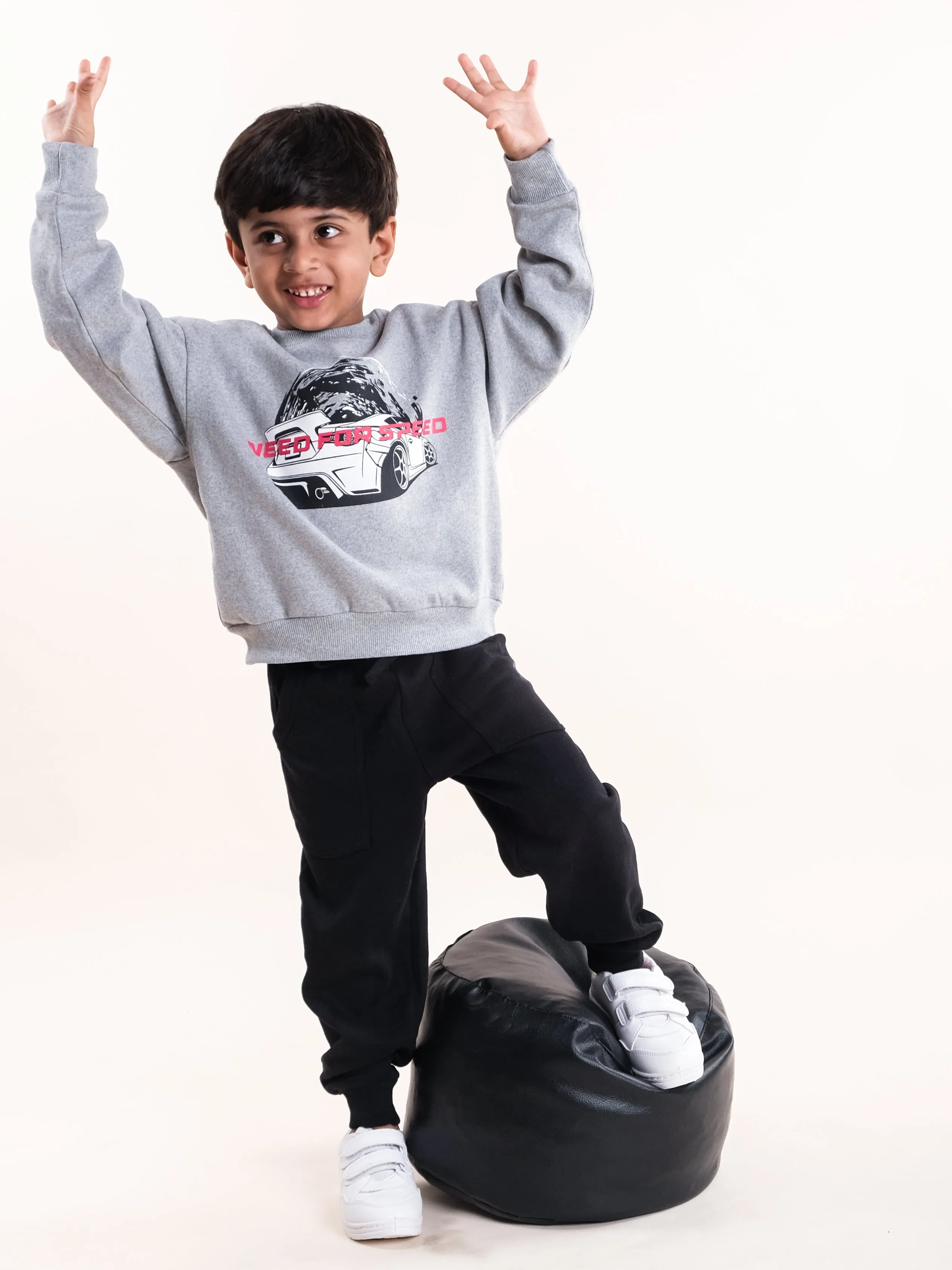 Boys Fleece Printed Round Neck Sweatshirt With Solid Track Pant Set