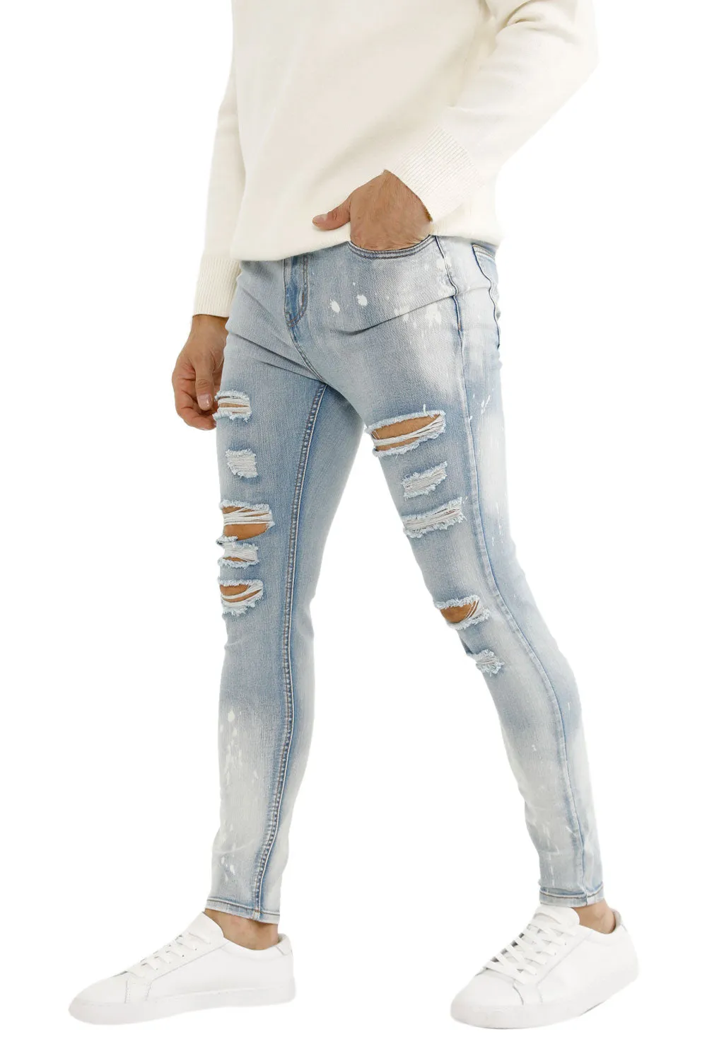 Buy $80 Free Shipping Men's Light Blue Stretch Jean - Ripped