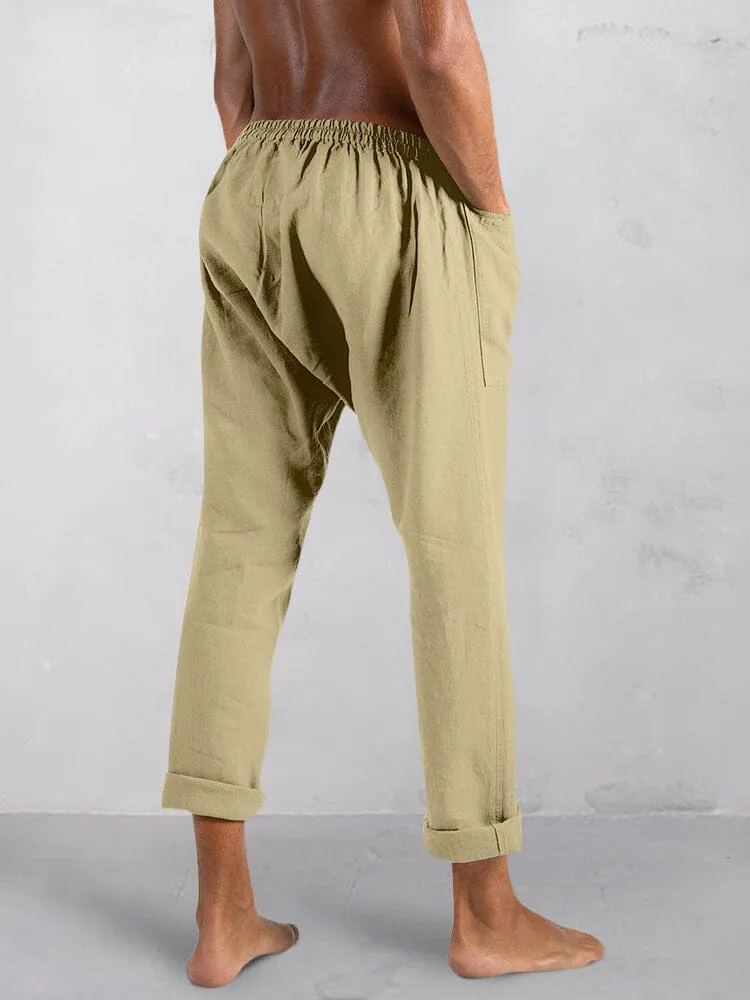 Casual Solid Cotton Linen Tapered Pants