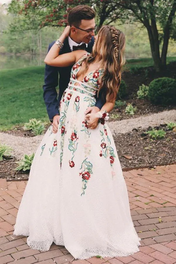 Charming Ivory Lace A Line V Neck Printed Long Prom Dresses with Embroidery, SP371