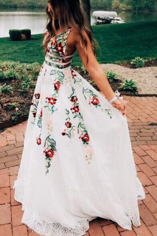 Charming Ivory Lace A Line V Neck Printed Long Prom Dresses with Embroidery, SP371