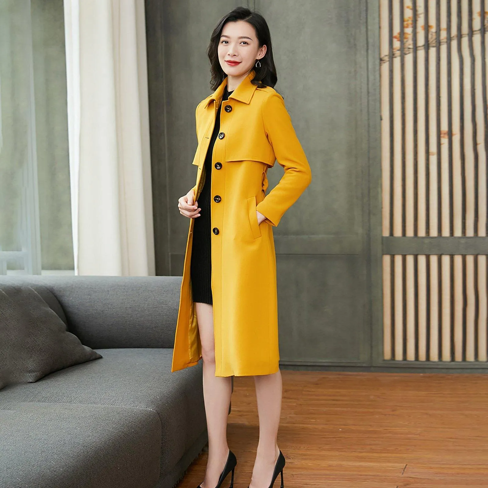 Custom Single Breasted Button Yellow Trench Coat