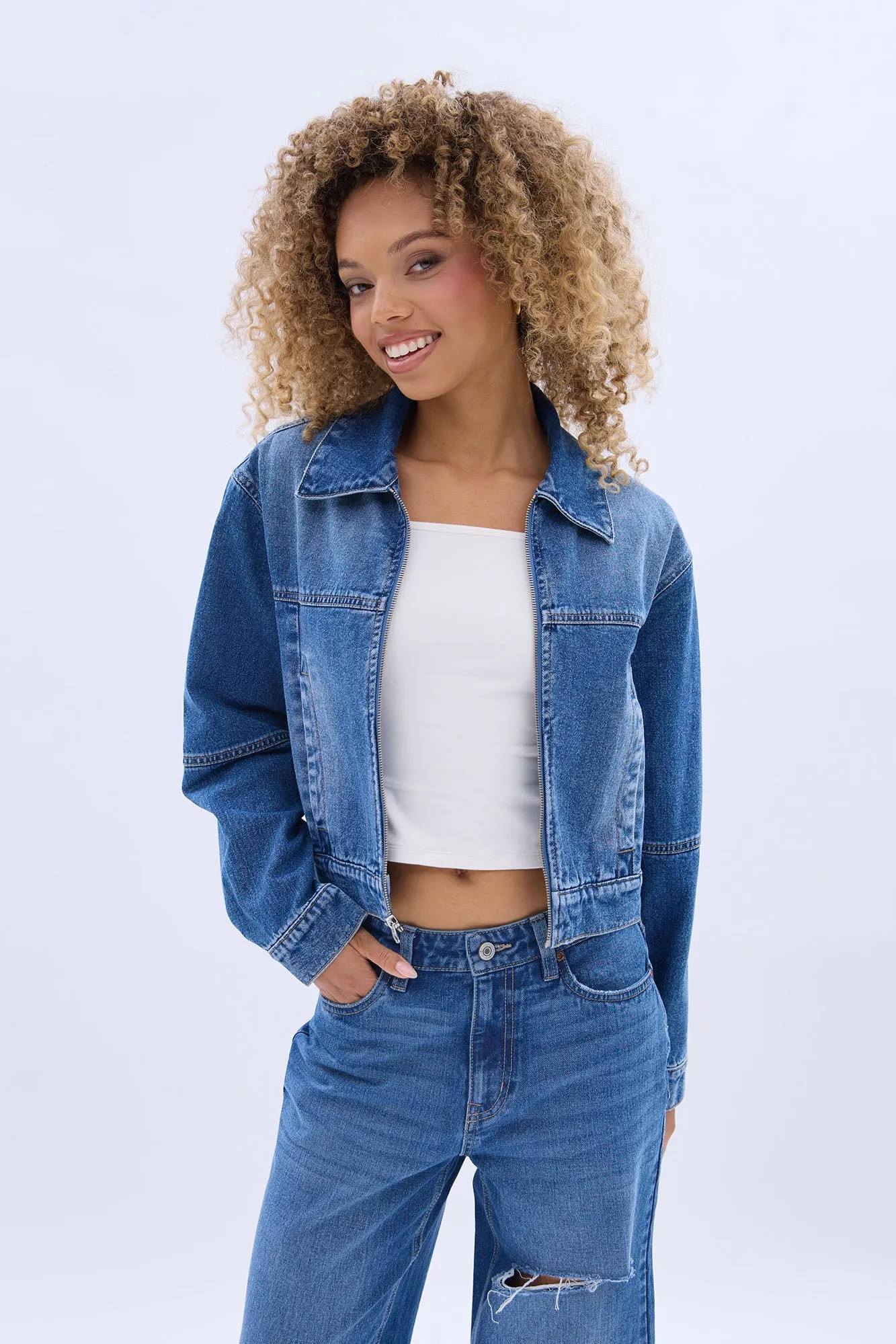 Denim Zip-Up Bomber Jacket