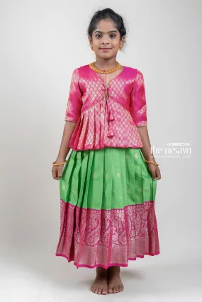 Designer Pink Silk Overcoat with Floral Zari Brocade and Pink Korva Border Anarkali Dress