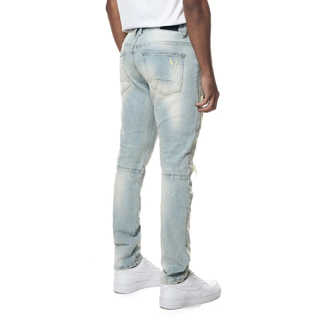 Distressed Rip & Repair Slim Tapered Denim Jeans - Elm Blue