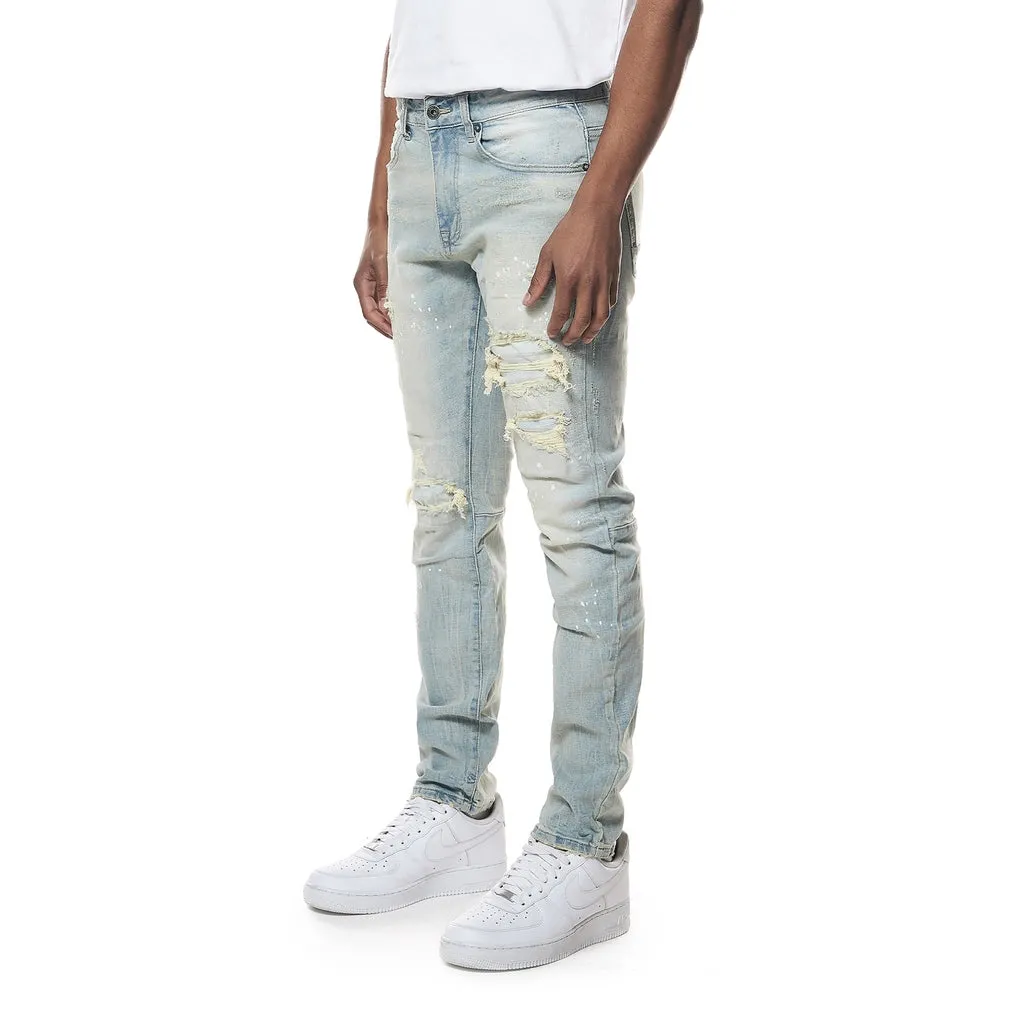 Distressed Rip & Repair Slim Tapered Denim Jeans - Elm Blue