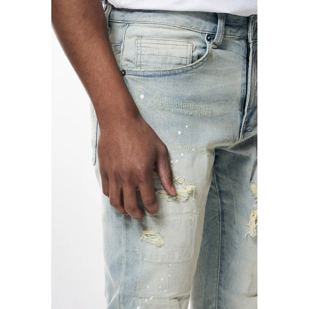 Distressed Rip & Repair Slim Tapered Denim Jeans - Elm Blue