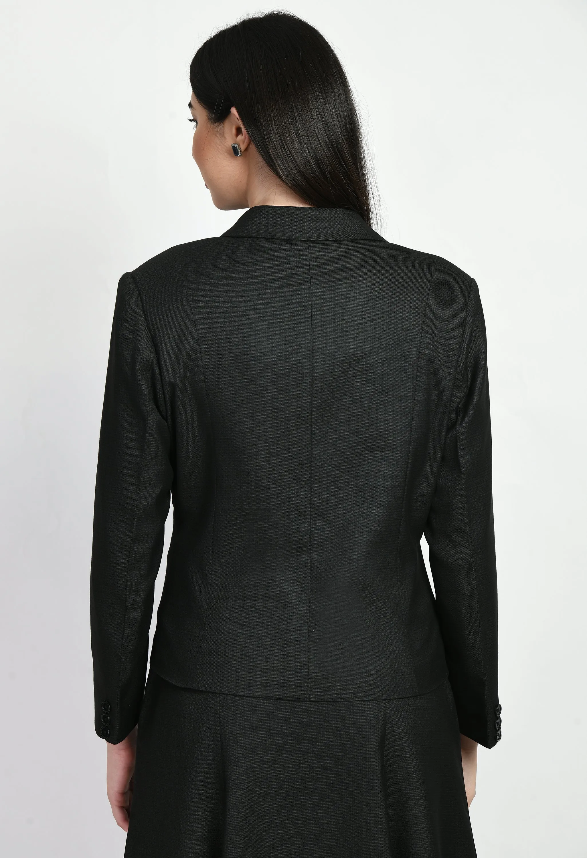 Exude Motivation Checked Short Blazer Pencil Skirt Suit (Black)