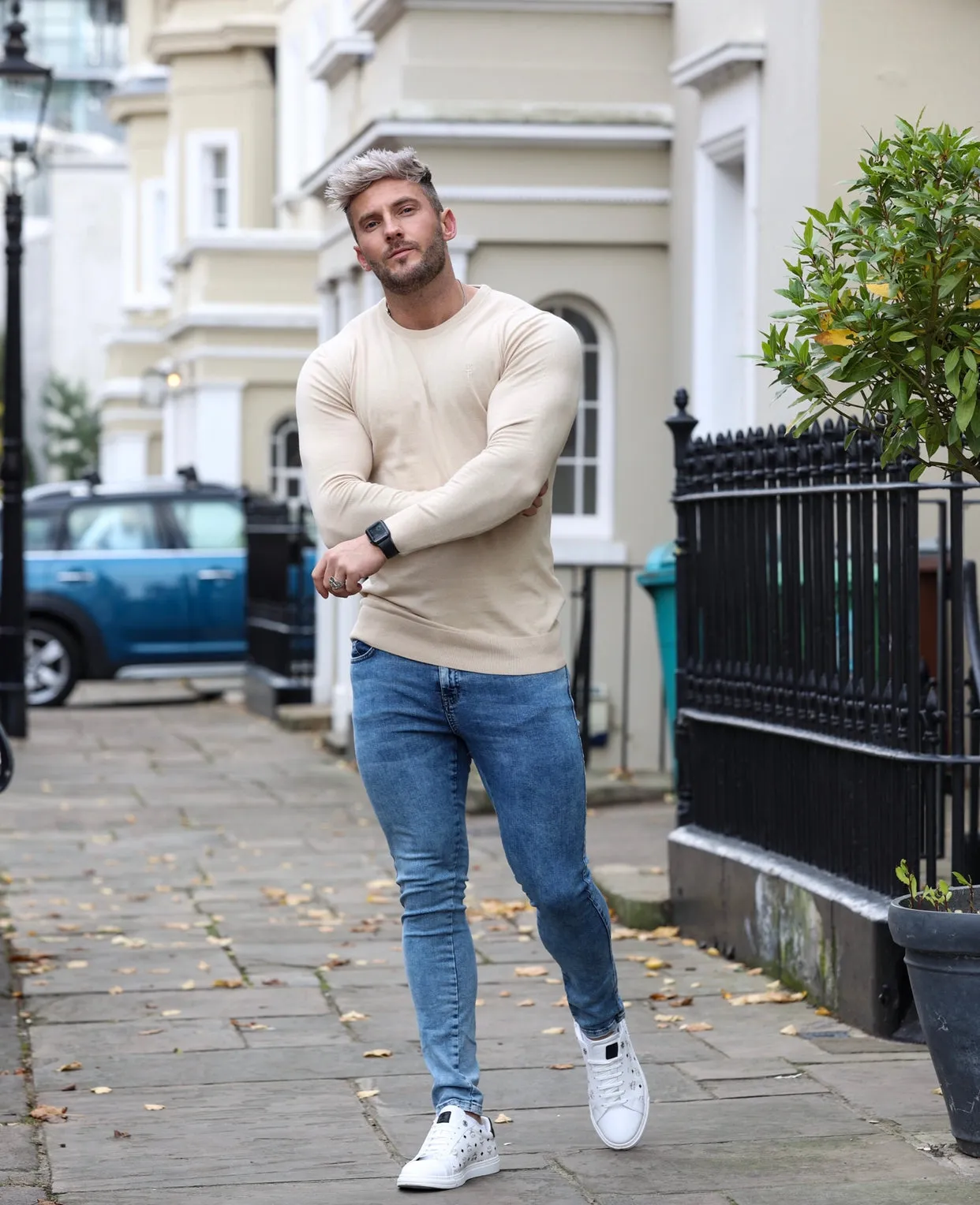 Father Sons Classic Beige Crew Neck Knitted Sweater with Tonal Emblem - FSH672