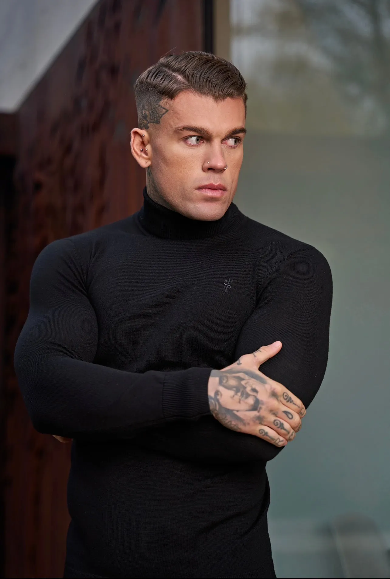 Father Sons Classic Black Roll Neck Knitted Sweater With Tonal Emblem - FSN135