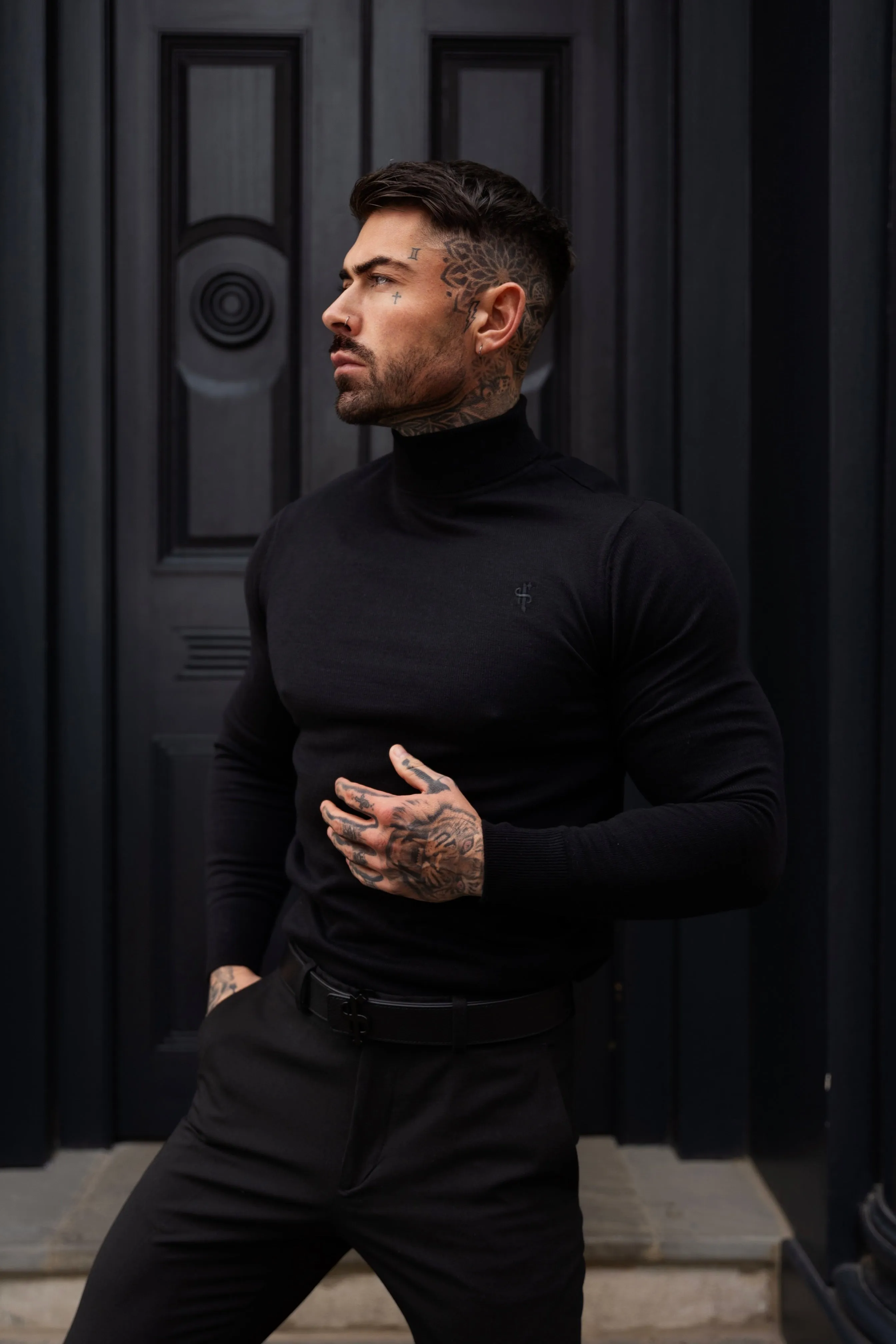 Father Sons Classic Black Roll Neck Knitted Sweater With Tonal Emblem - FSN135