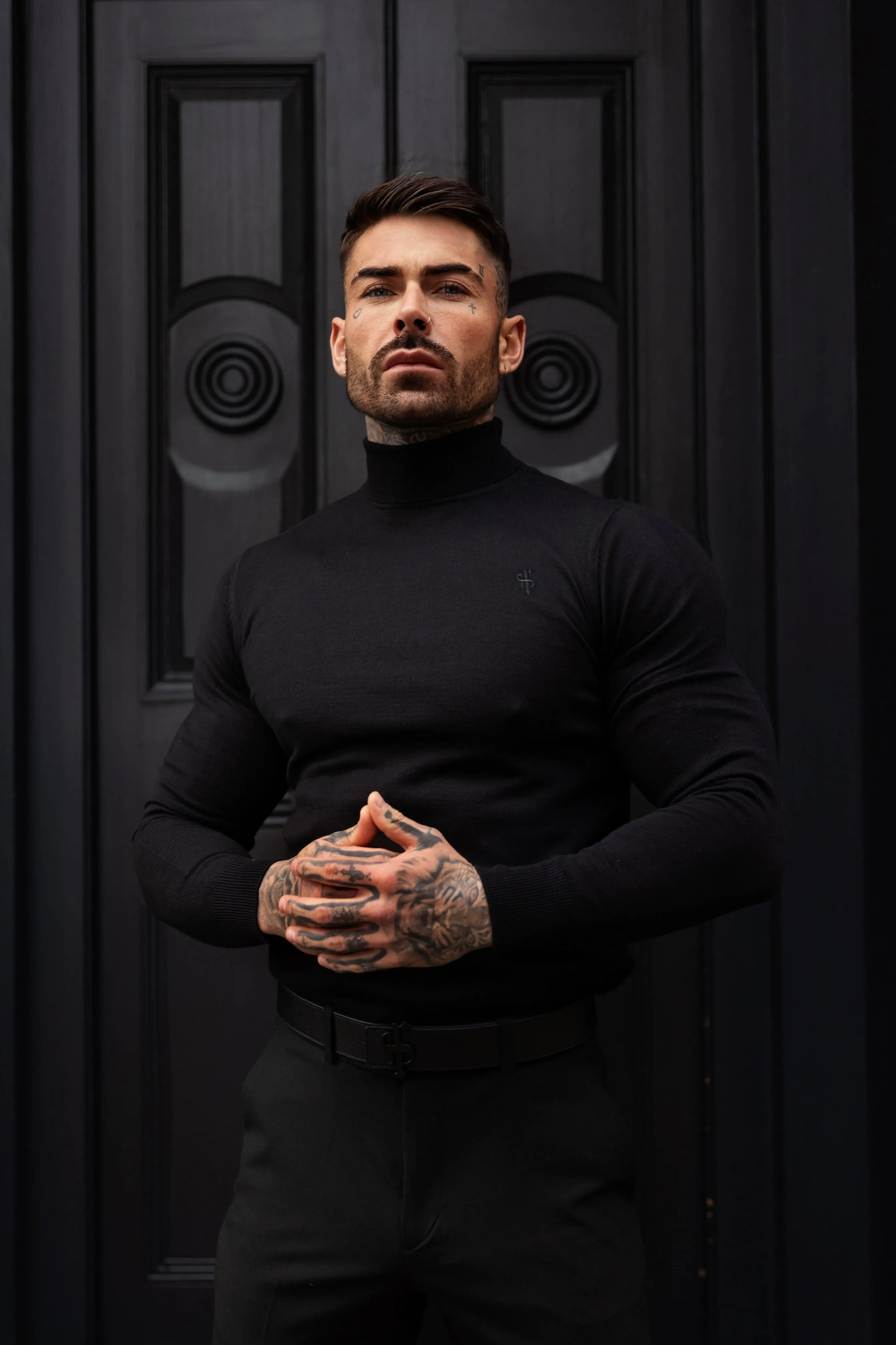 Father Sons Classic Black Roll Neck Knitted Sweater With Tonal Emblem - FSN135