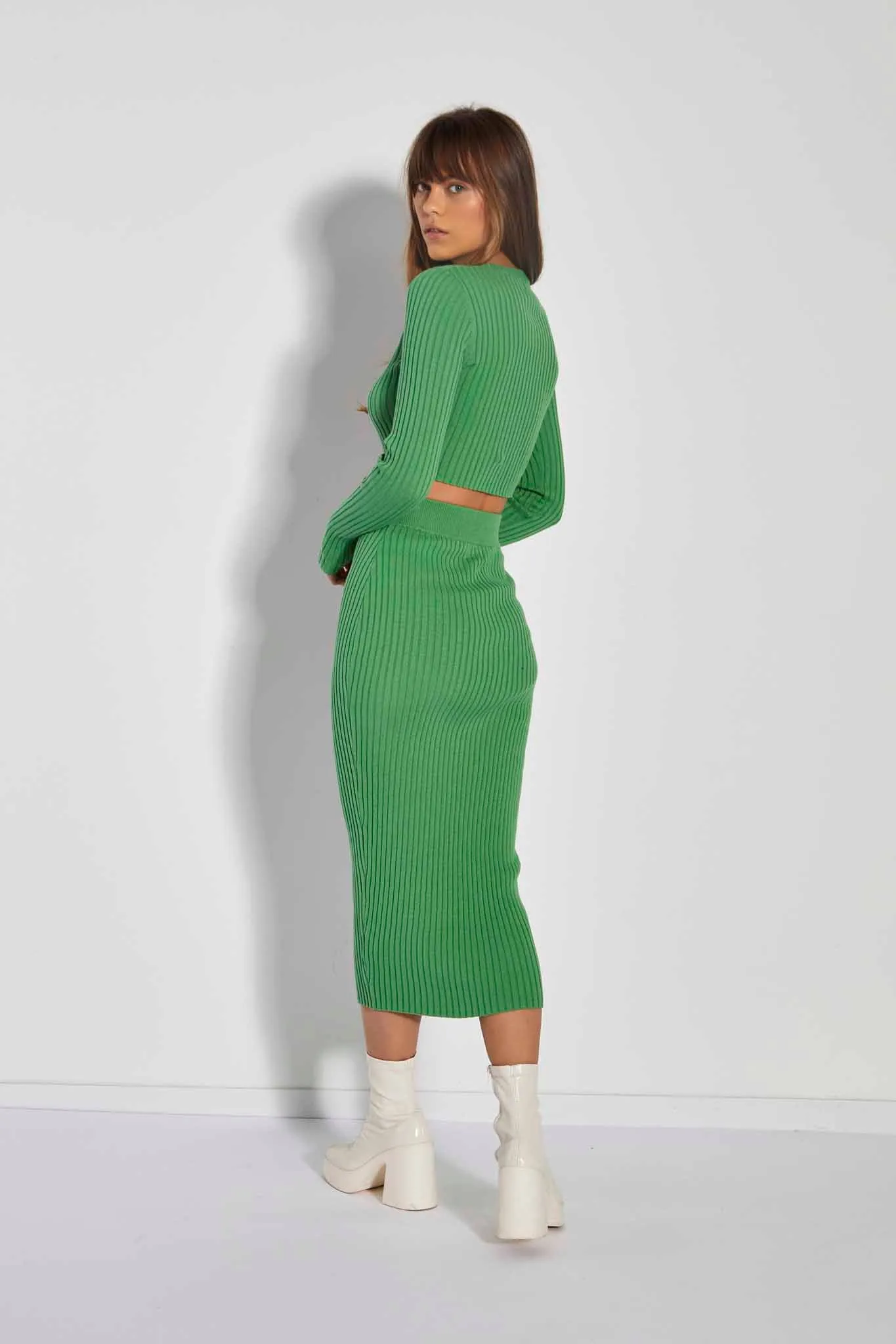 Glamorous Care Apple Green Rib Knit Midi Pencil Skirt