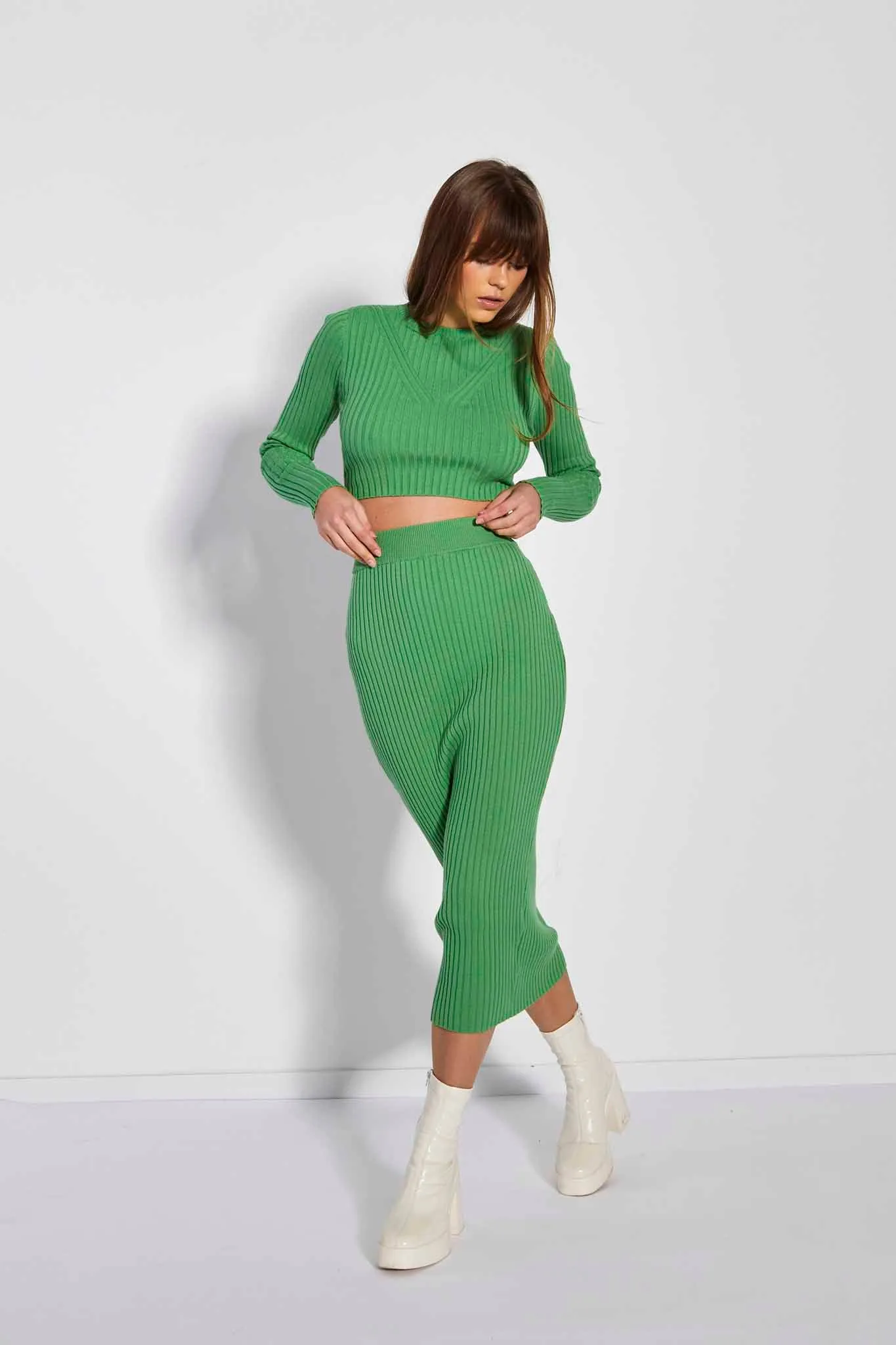 Glamorous Care Apple Green Rib Knit Midi Pencil Skirt