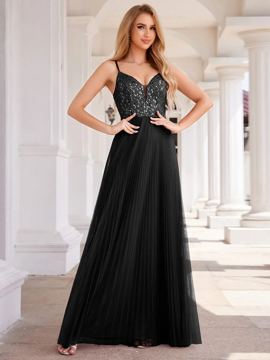 High-Waist V-Neck Sequined Bodice Sleeveless Backless Formal Evening Dress