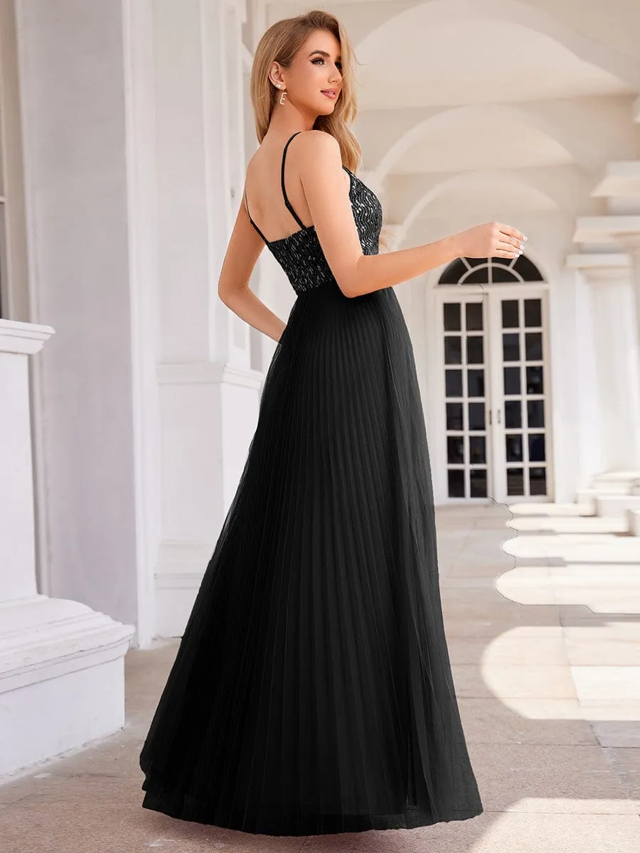 High-Waist V-Neck Sequined Bodice Sleeveless Backless Formal Evening Dress