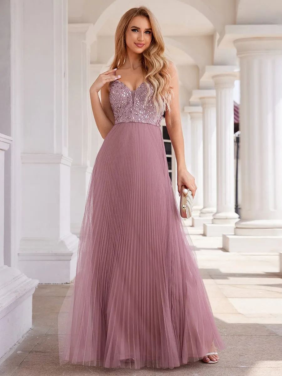 High-Waist V-Neck Sequined Bodice Sleeveless Backless Formal Evening Dress