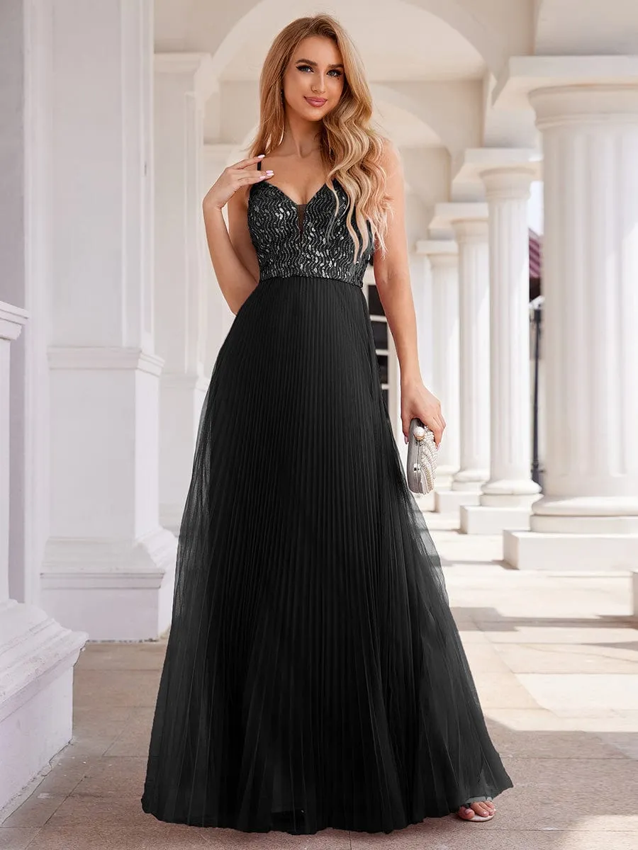 High-Waist V-Neck Sequined Bodice Sleeveless Backless Formal Evening Dress