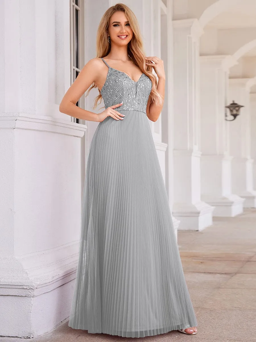 High-Waist V-Neck Sequined Bodice Sleeveless Backless Formal Evening Dress