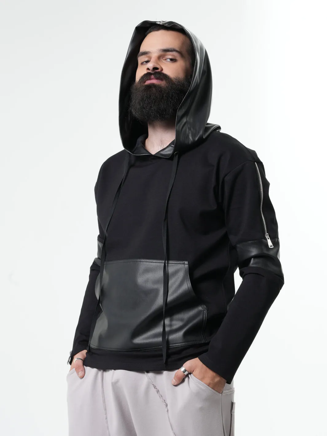 Leather Hood Mens Sweatshirt