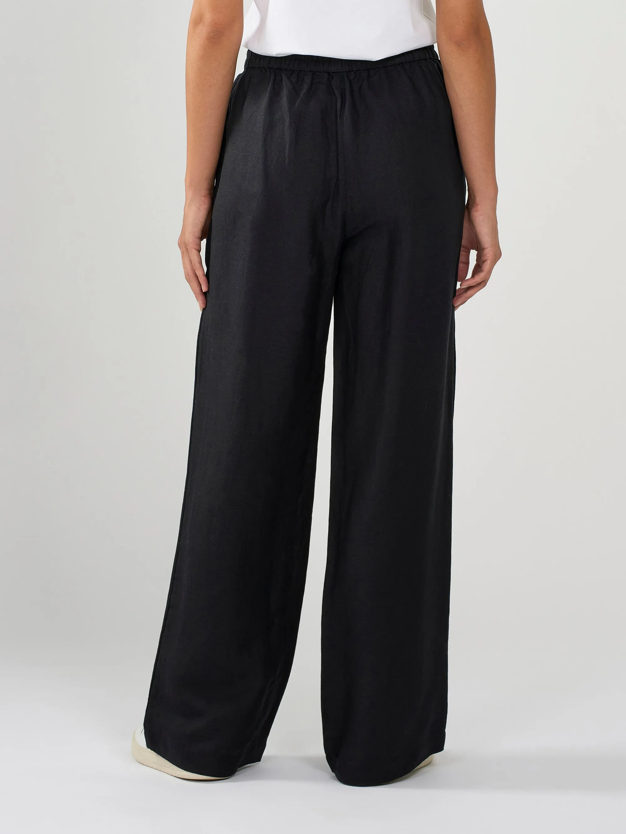 Linen Mix Elastic Waist Pants - Black Jet