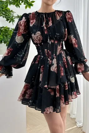 Long Sleeves Corset Black Floral Print Chiffon Tiered Mini Dress