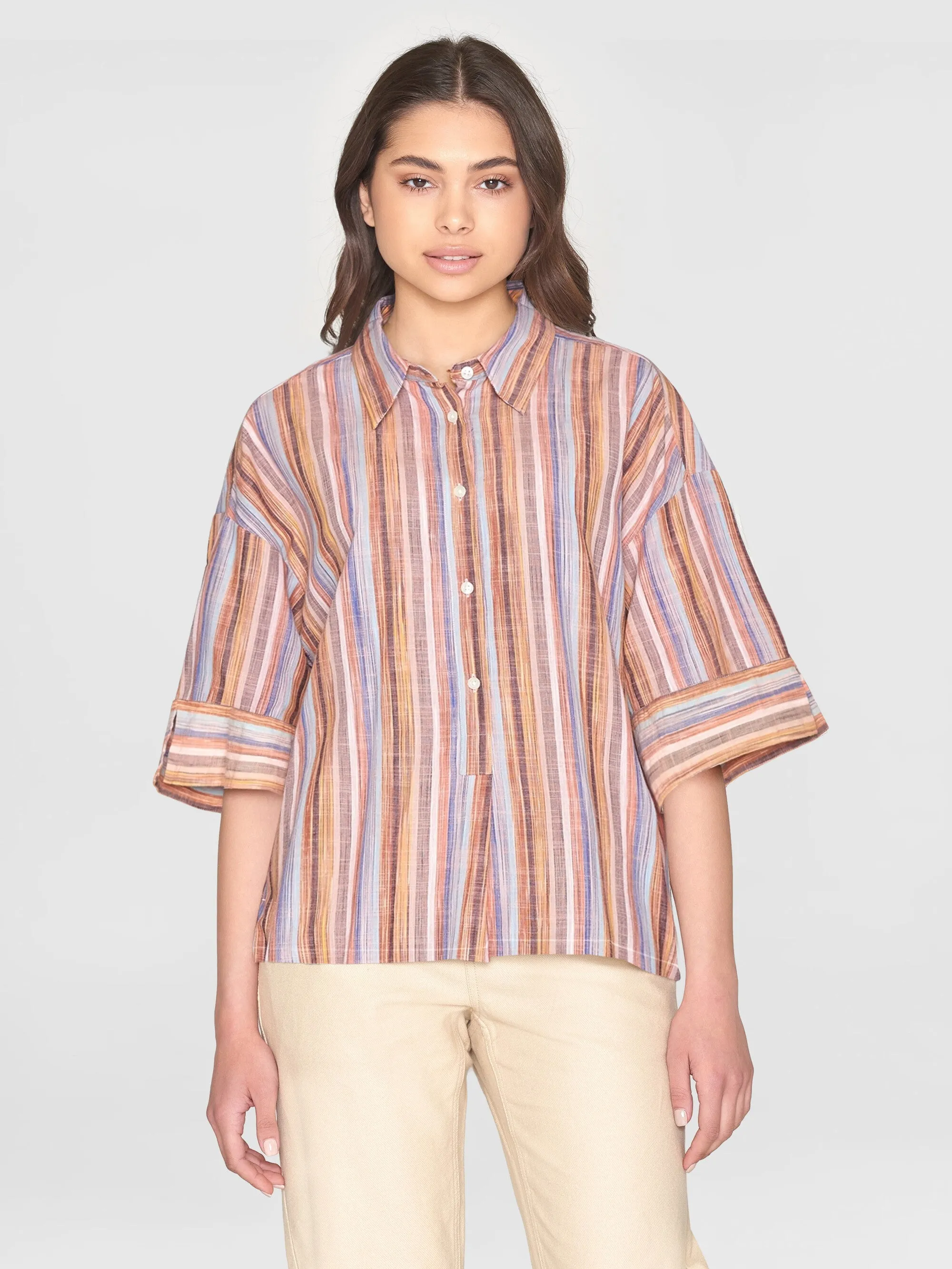 Loose multicolored stripe short sleeved shirt - - GOTS/Vegan - Multi color stripe