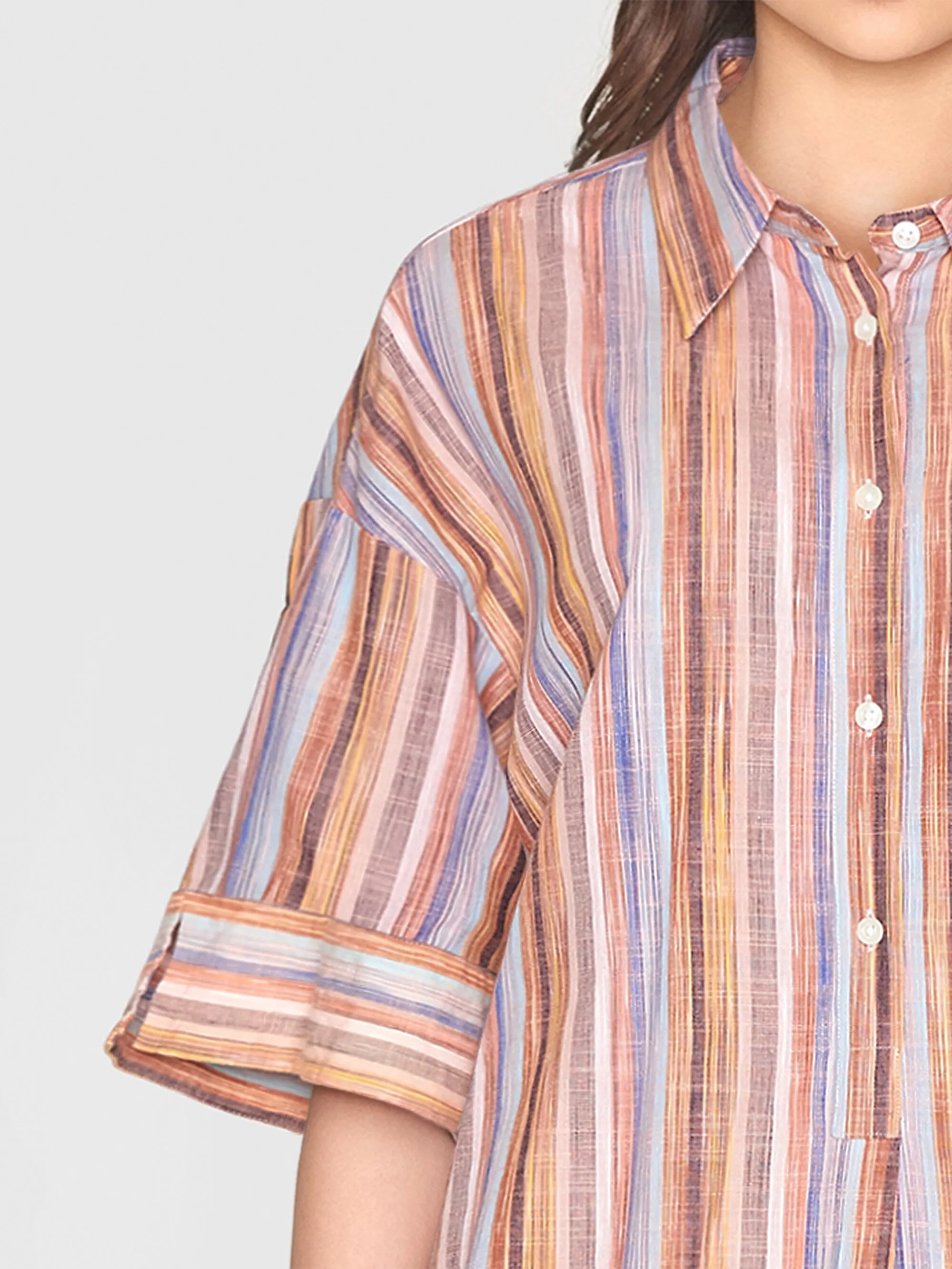 Loose multicolored stripe short sleeved shirt - - GOTS/Vegan - Multi color stripe