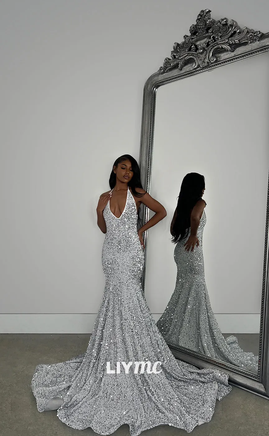 LP1272 - Halter V-Neck Backless Sequins Mermaid Sexy Prom Dresses for Black Girls Classy