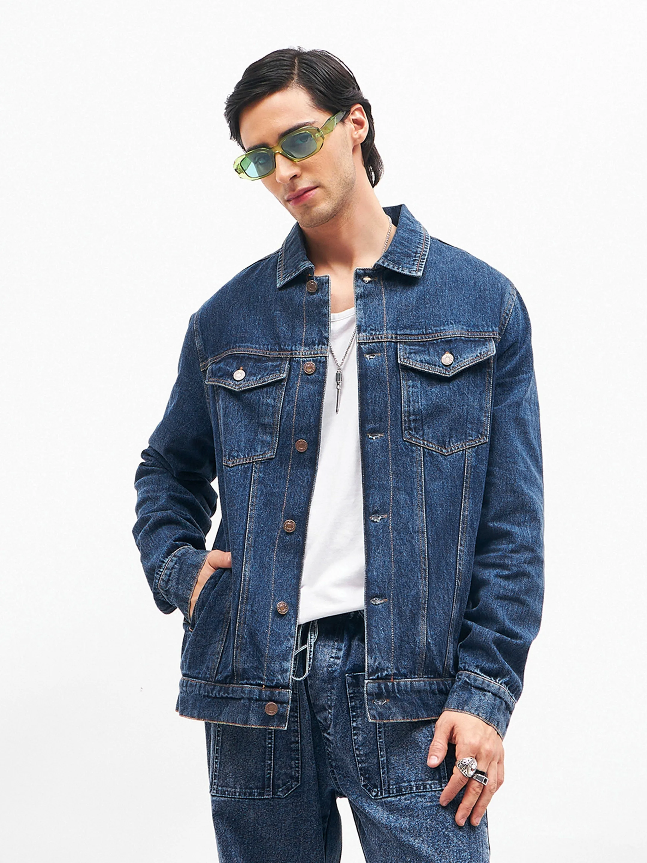 Men Blue Cut-out Distressed Denim Jacket