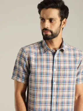 Men Checked Half Sleeve Linen Blend Shirt