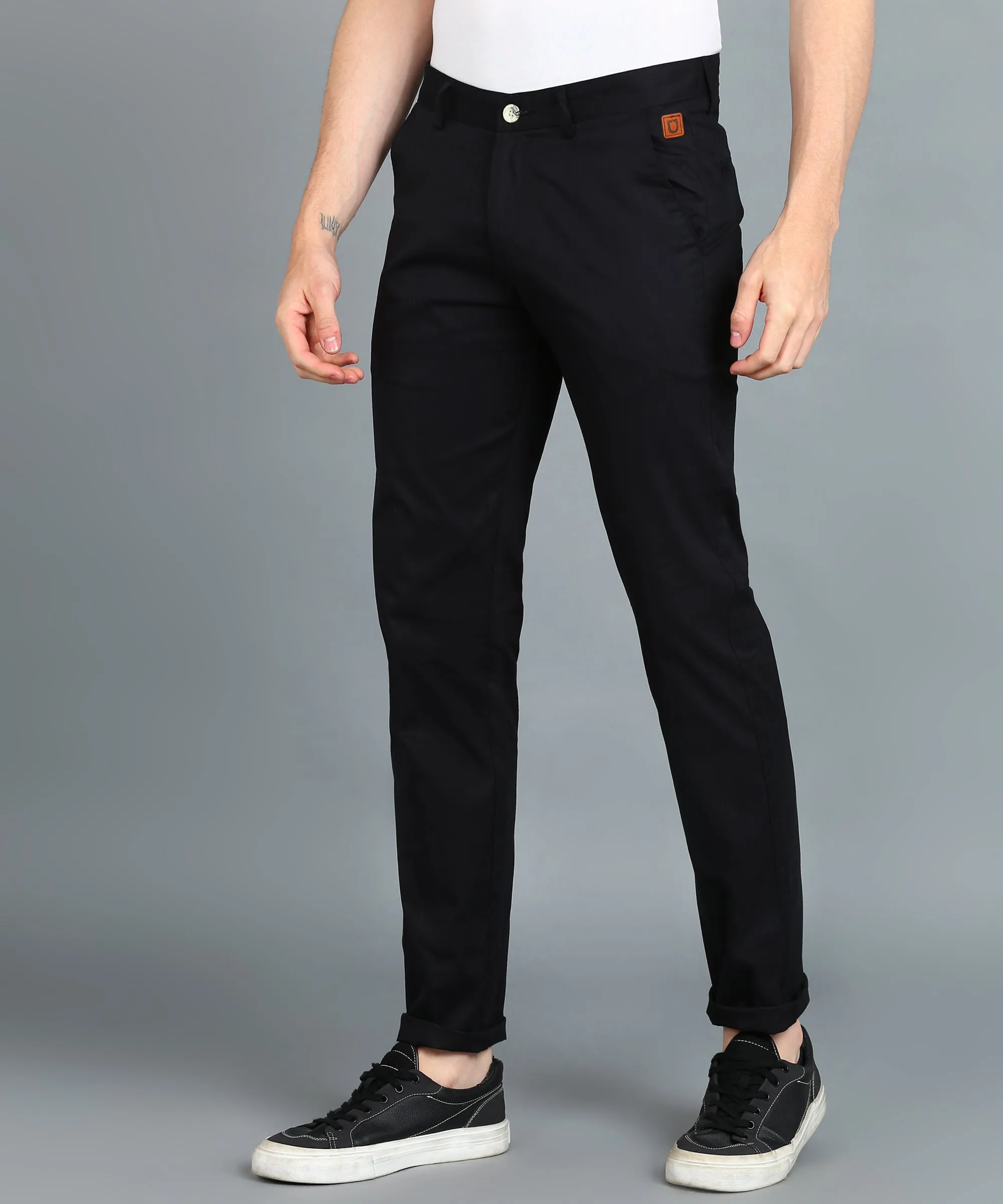 Men's Black Cotton Light Weight Non-Stretch Slim Fit Casual Trousers