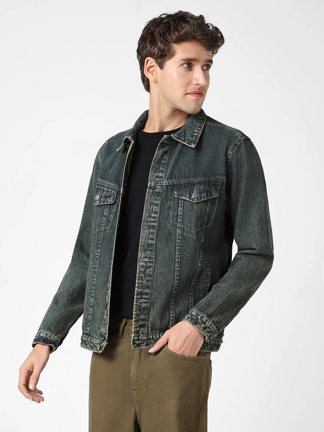 Men's Blue Regular Fit Washed Full Sleeve Denim Jacket