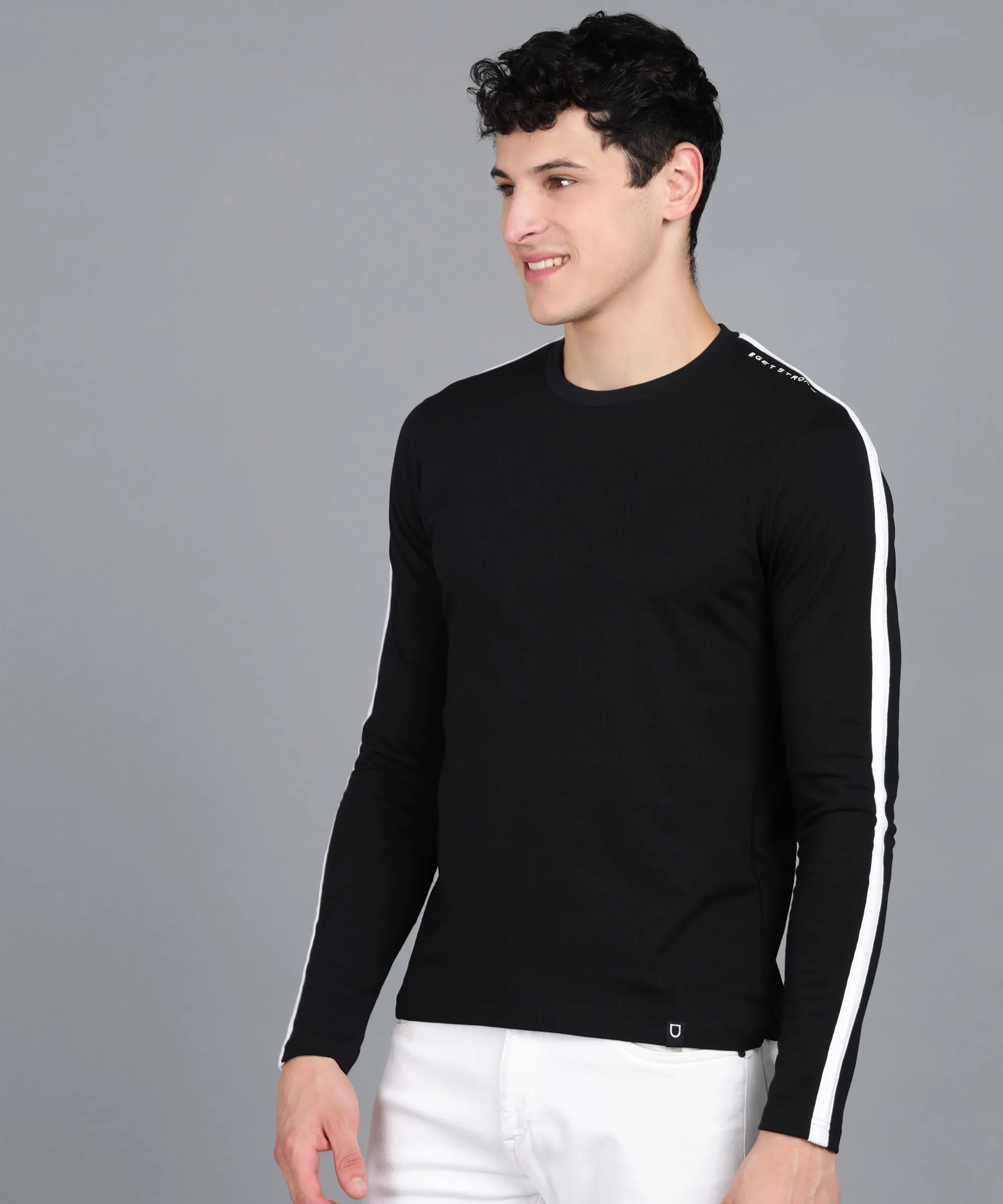 Men's Color-Block Black Round Neck Full Sleeve Slim Fit Cotton T-Shirt