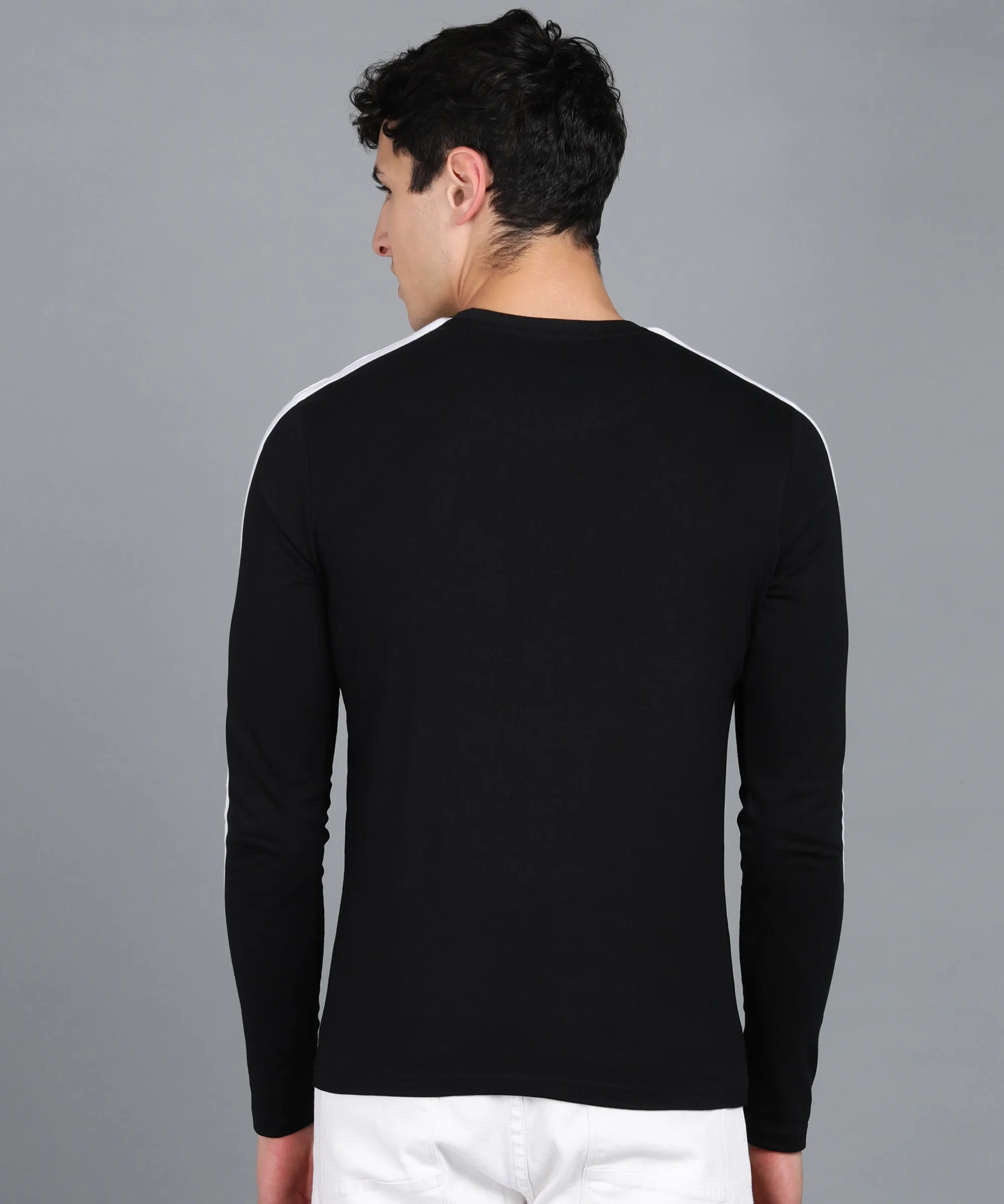 Men's Color-Block Black Round Neck Full Sleeve Slim Fit Cotton T-Shirt