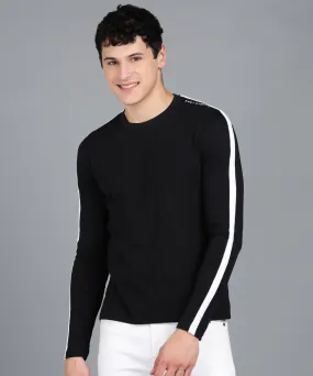 Men's Color-Block Black Round Neck Full Sleeve Slim Fit Cotton T-Shirt