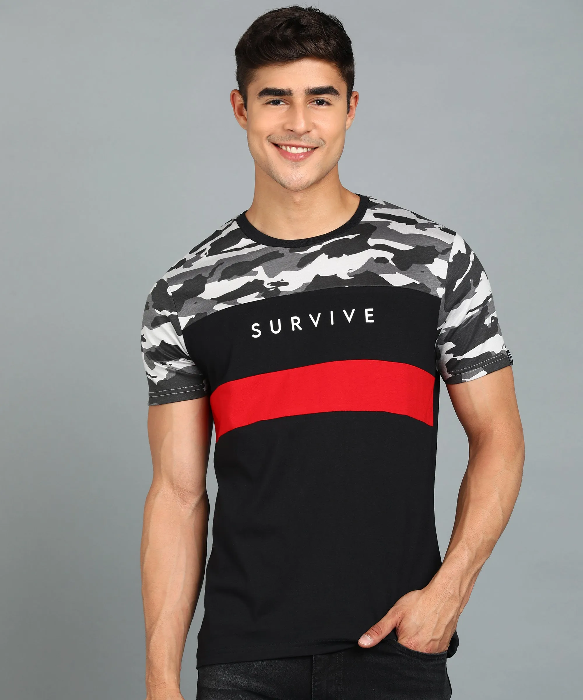 Men's Grey, Red, Black Military Camouflage Printed Slim Fit Half Sleeve Cotton T-Shirt