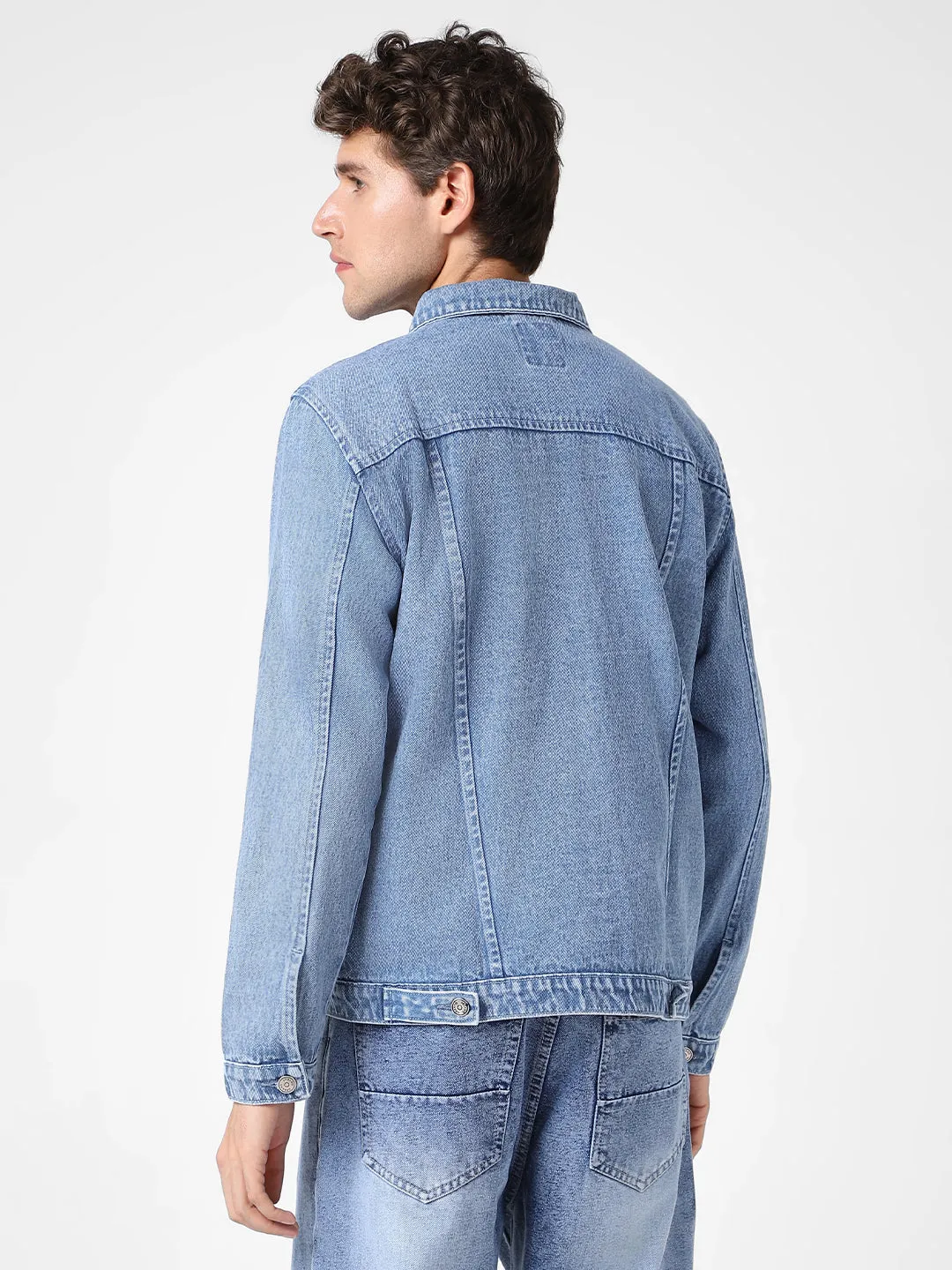 Men's Light Blue Regular Fit Washed Full Sleeve Denim Jacket