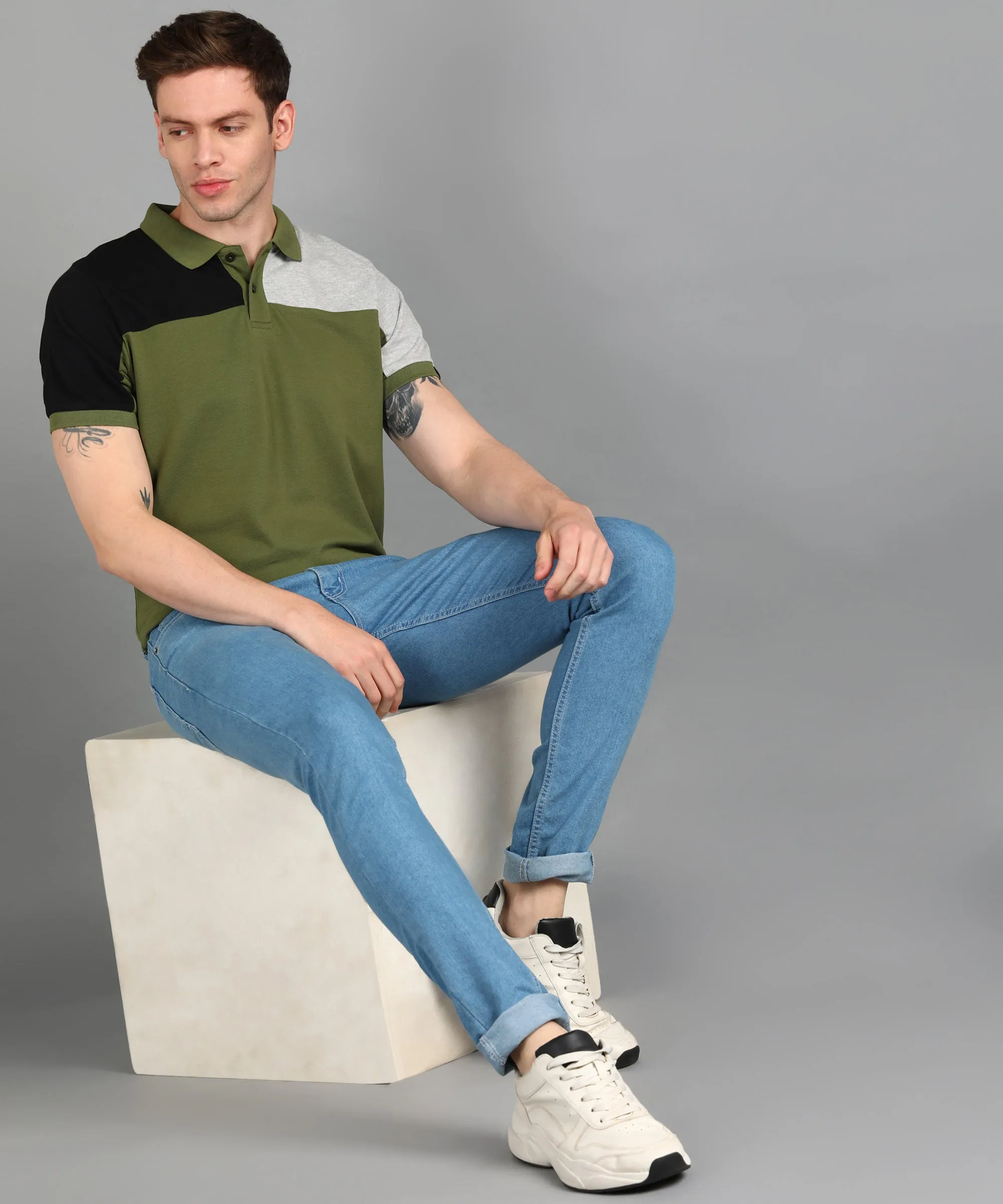 Men's Olive, Grey Melange, Black Colour-Block Slim Fit Half Sleeve Cotton Polo T-Shirt