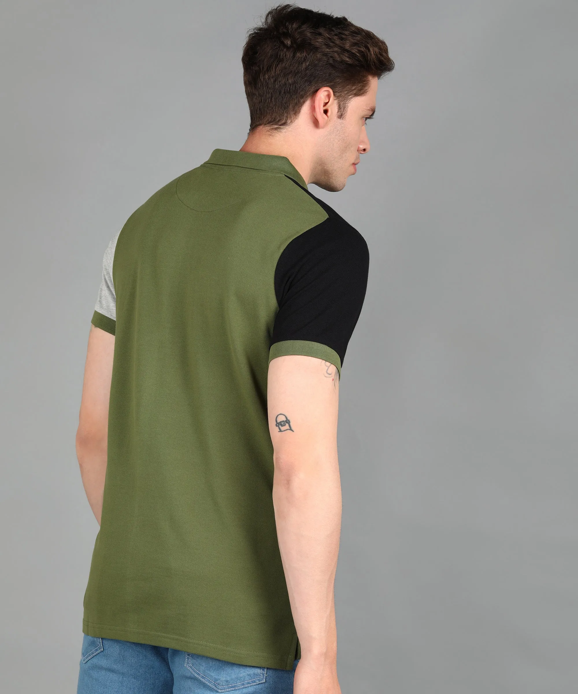 Men's Olive, Grey Melange, Black Colour-Block Slim Fit Half Sleeve Cotton Polo T-Shirt