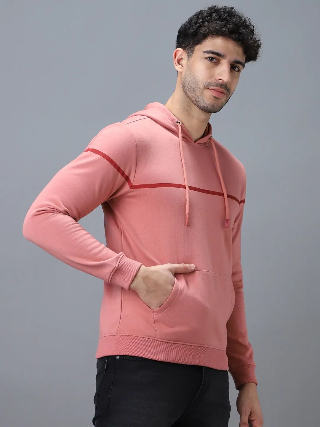 Men's Pink Cotton Solid Hooded Neck Sweatshirt