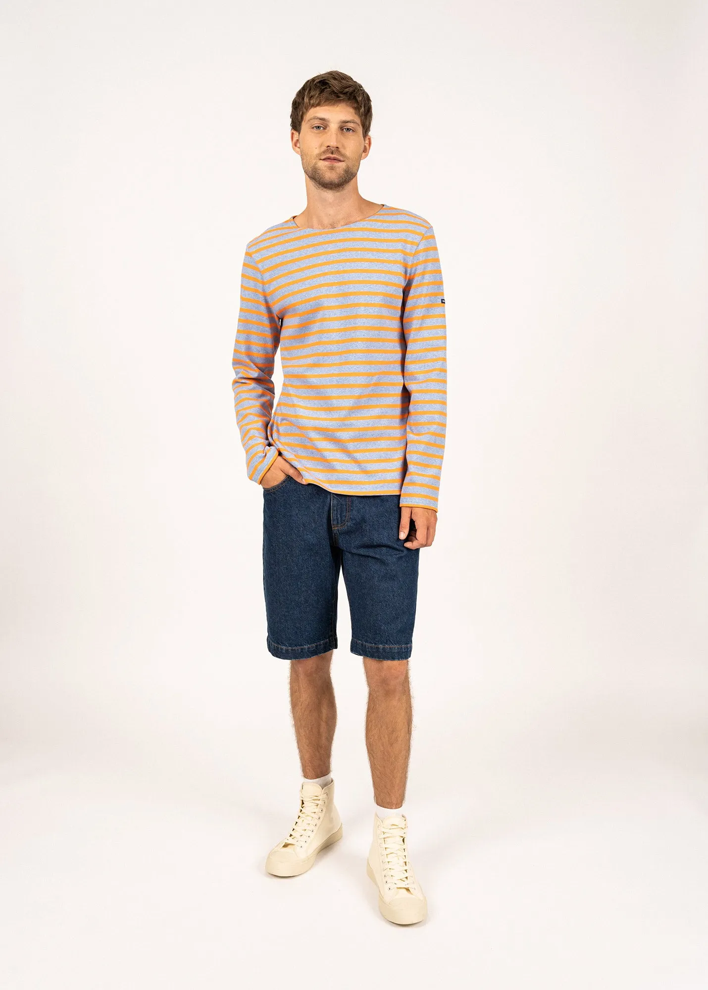 Meridien unisex striped sailor shirt - regular fit, in thick cotton (DENIM/ORANGE FLUO)