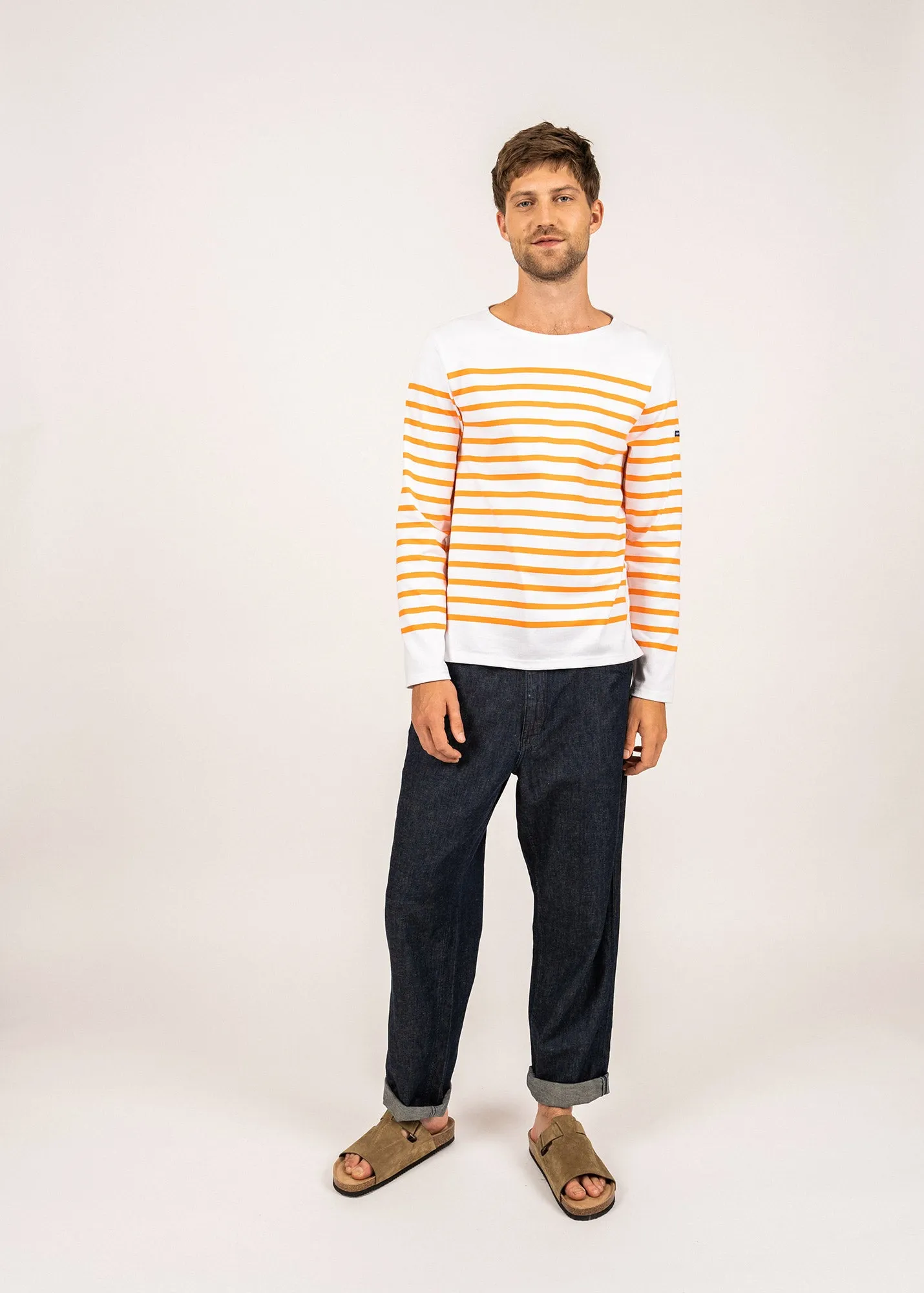 Authentic Striped Sailor Shirt in Premium Combed Cotton - Neon Orange and White