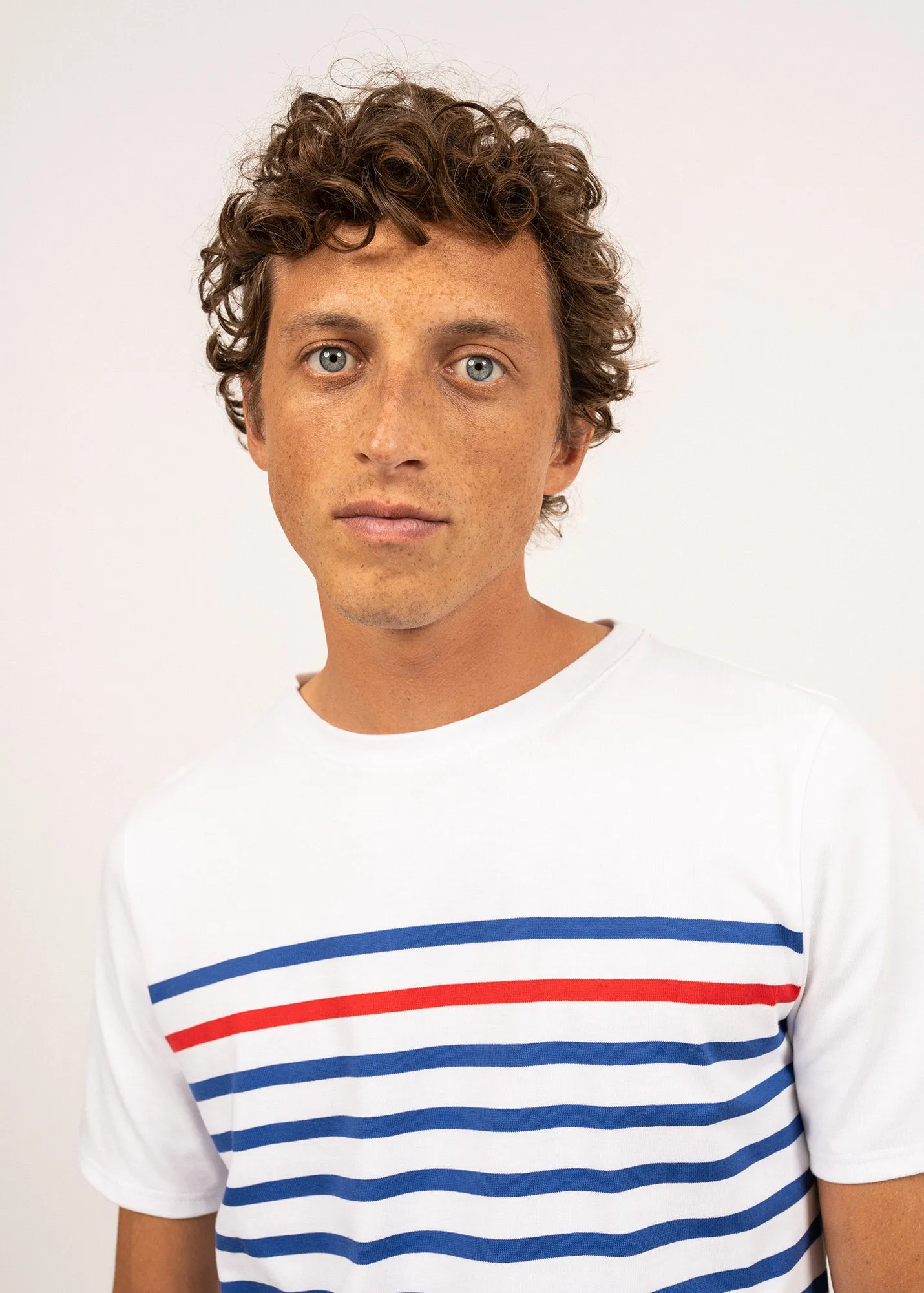 Naval short sleeve sailor shirt - placed stripe, in cotton (NEIGE/GITANE/TULIPE)