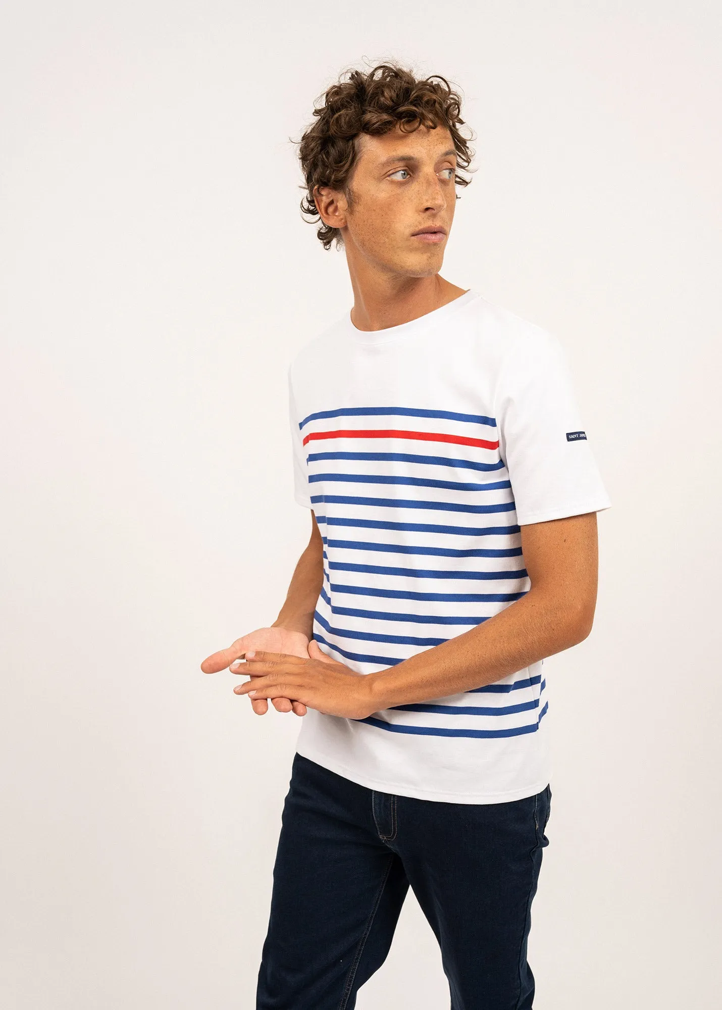 Naval short sleeve sailor shirt - placed stripe, in cotton (NEIGE/GITANE/TULIPE)